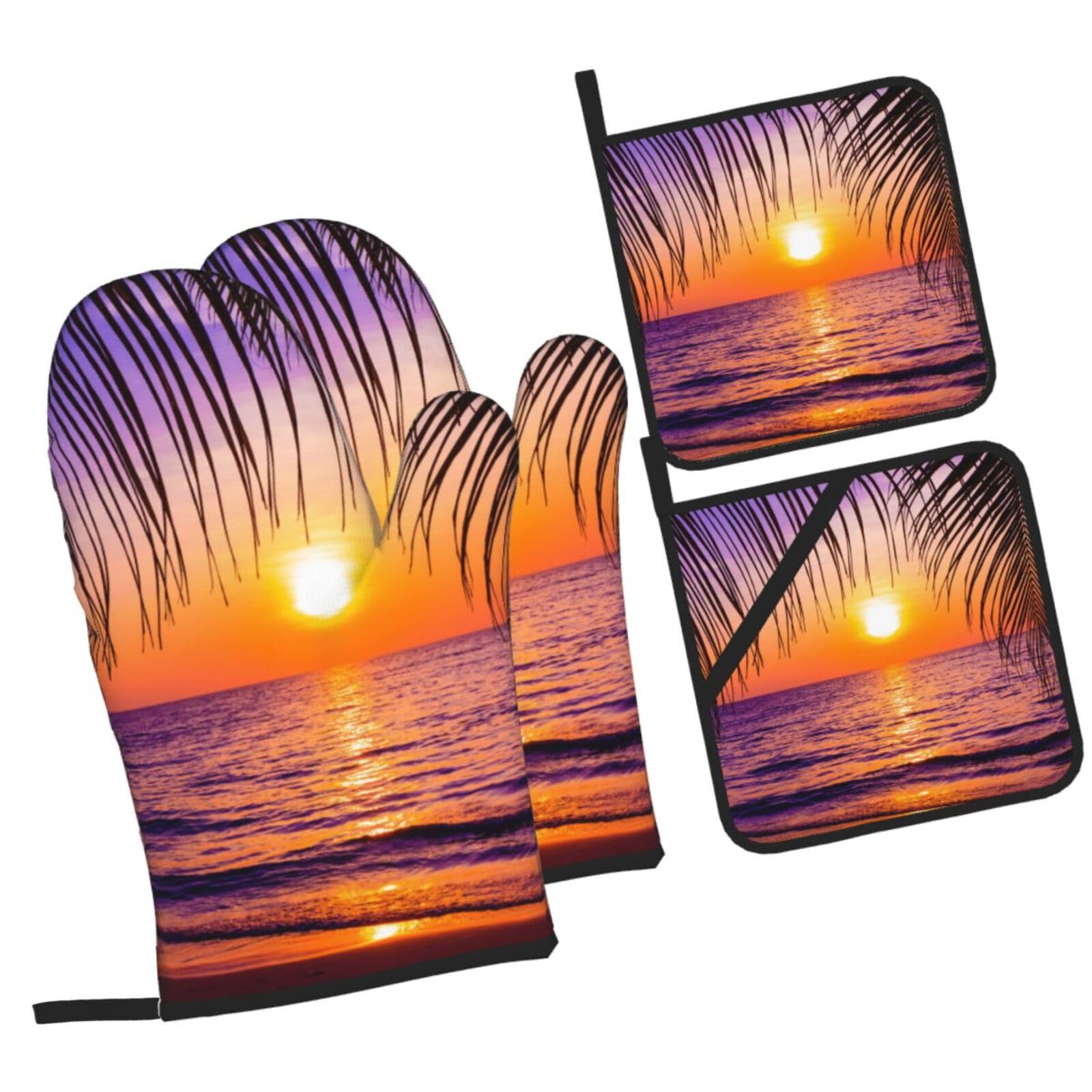 Sunset with Tropical Palm Trees Twilight Scenery Printed Oven Mitts and Pot Holders Heat Resistant Set of 4 Pcs, Modern Kitchen Gloves & Potholders for Cooking Baking Grilling