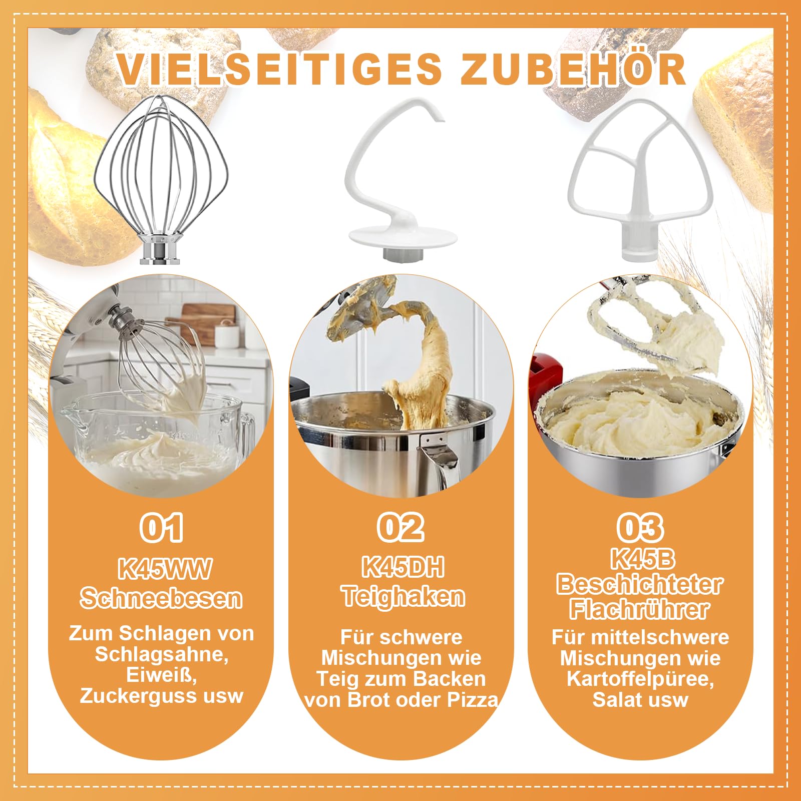 Set di accessori per robot da cucina, 3 pezzi con frusta, gancio impastatore e frusta piatta per pasticceria amatoriale, utili dilettanti
