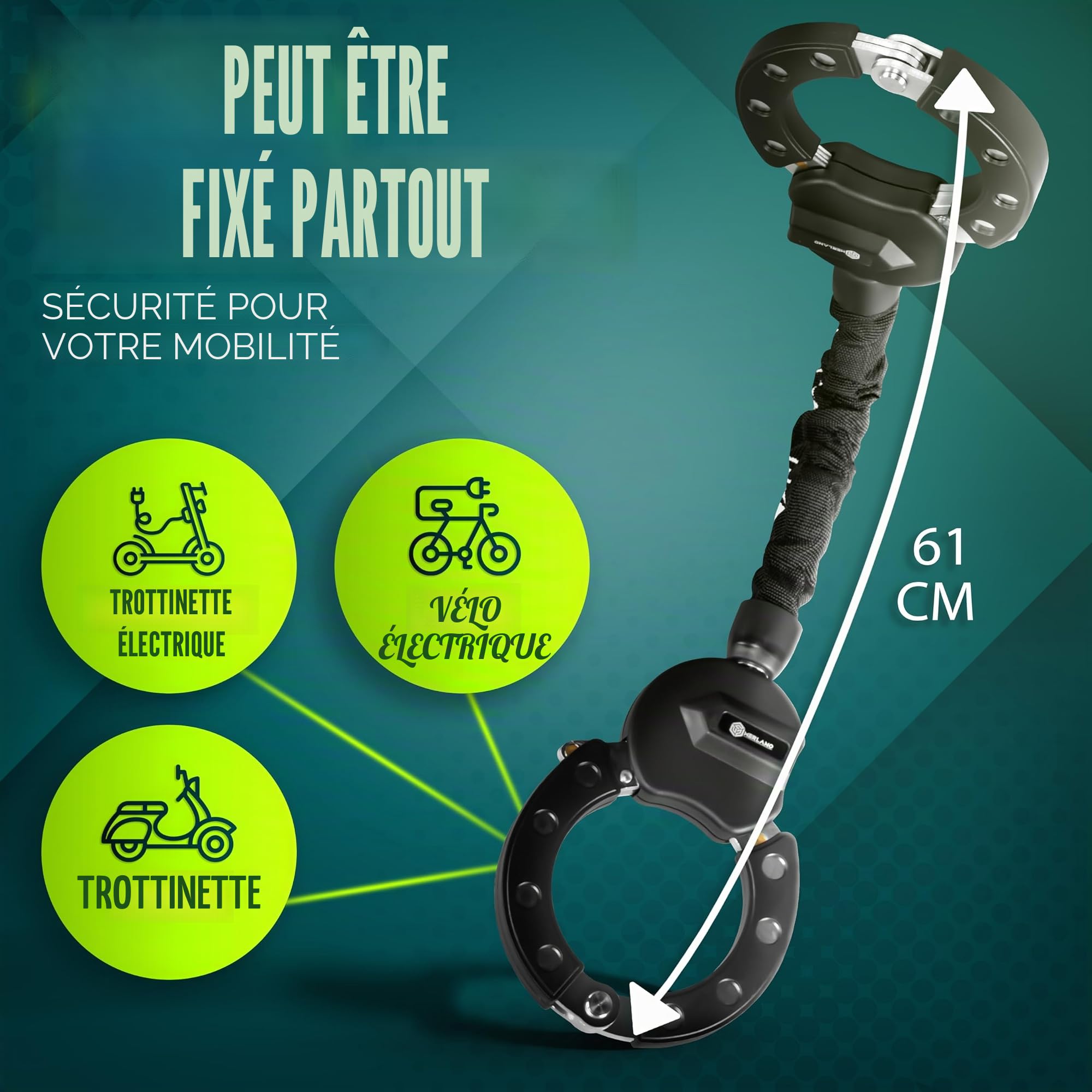 Serrure à menottes haute sécurité pour scooter électrique, épaisseur : 10 mm, antivol avec sac toutes saisons