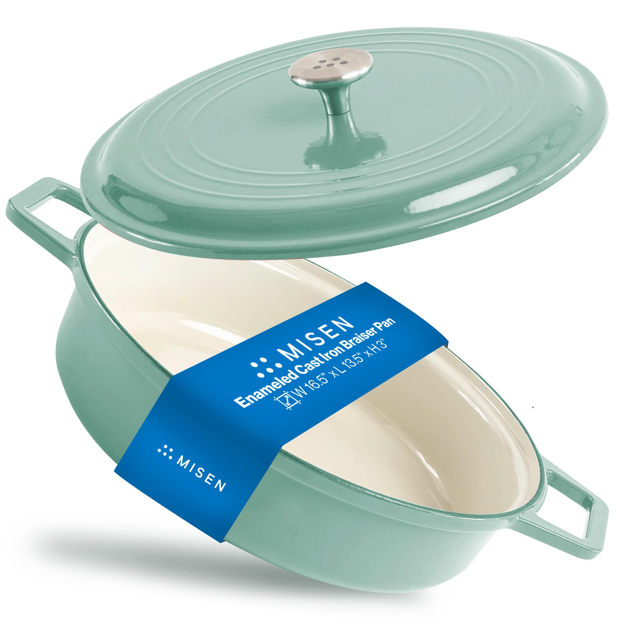 Misen 5.5 QT Braiser – Enameled Cast Iron Pan for Searing, Braising & Slow Cooking – No-Chip Enamel Coating – Extra-Wide Handles – Superior Heat Retention & Even Cooking - Green