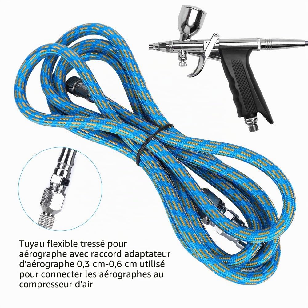 Tuyau Aérographe avec Raccord Rapide, Flexible Tuyau D'aérographe avec Adaptateur 1/8" à 1/4" Tuyau de Pistolet de Pulvérisation en Nylon Tressé, Adapté à la Plupart des Kits de Pistolet Aér