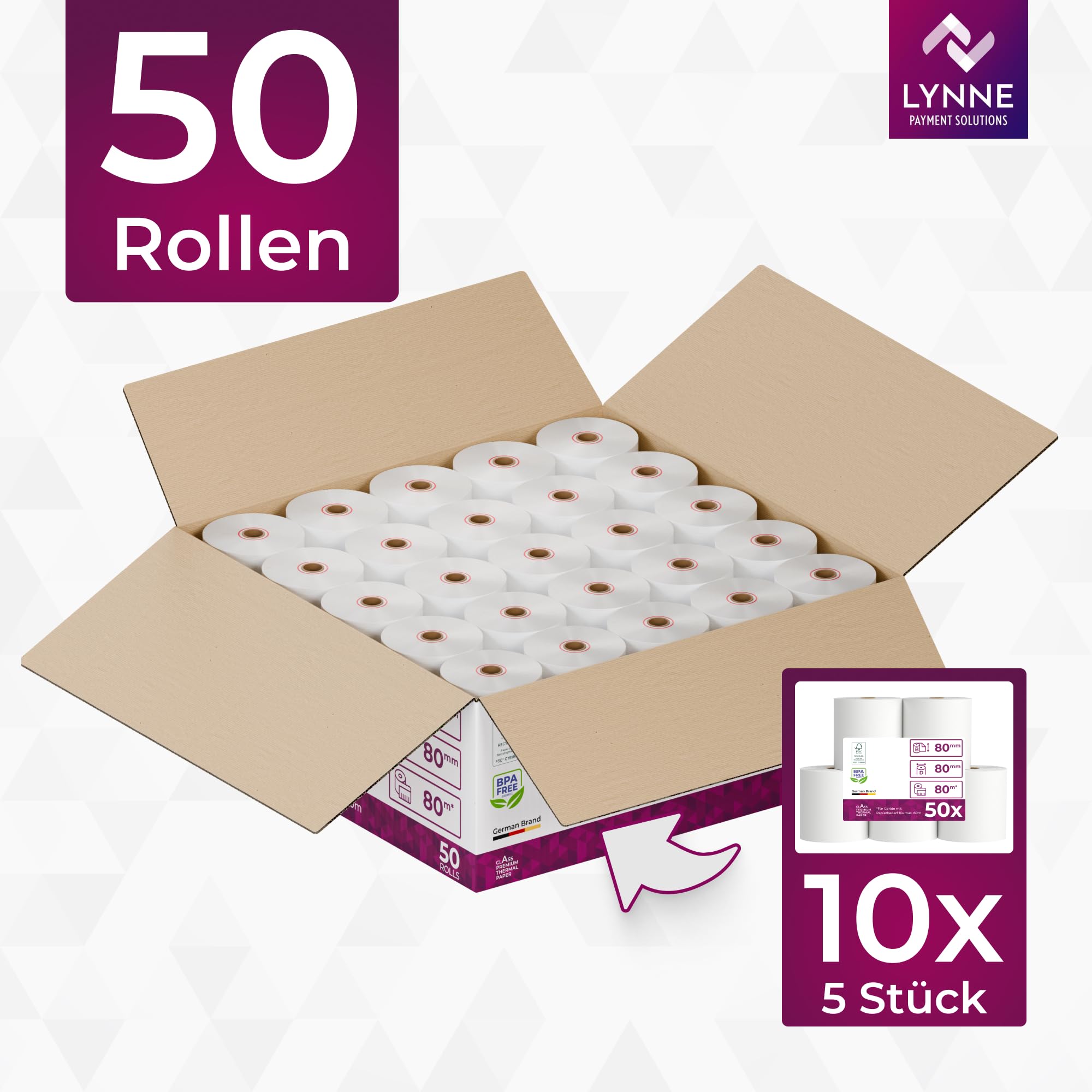 Thermorollen/Bonrollen/Kassenrollen 80mm x 80m x 12mm (80x80x12) für alle gängigen Thermopapier Kassen-Bondrucker – BPA Frei (B: 80mm - Ø80mm x 80m - 50 Stück)