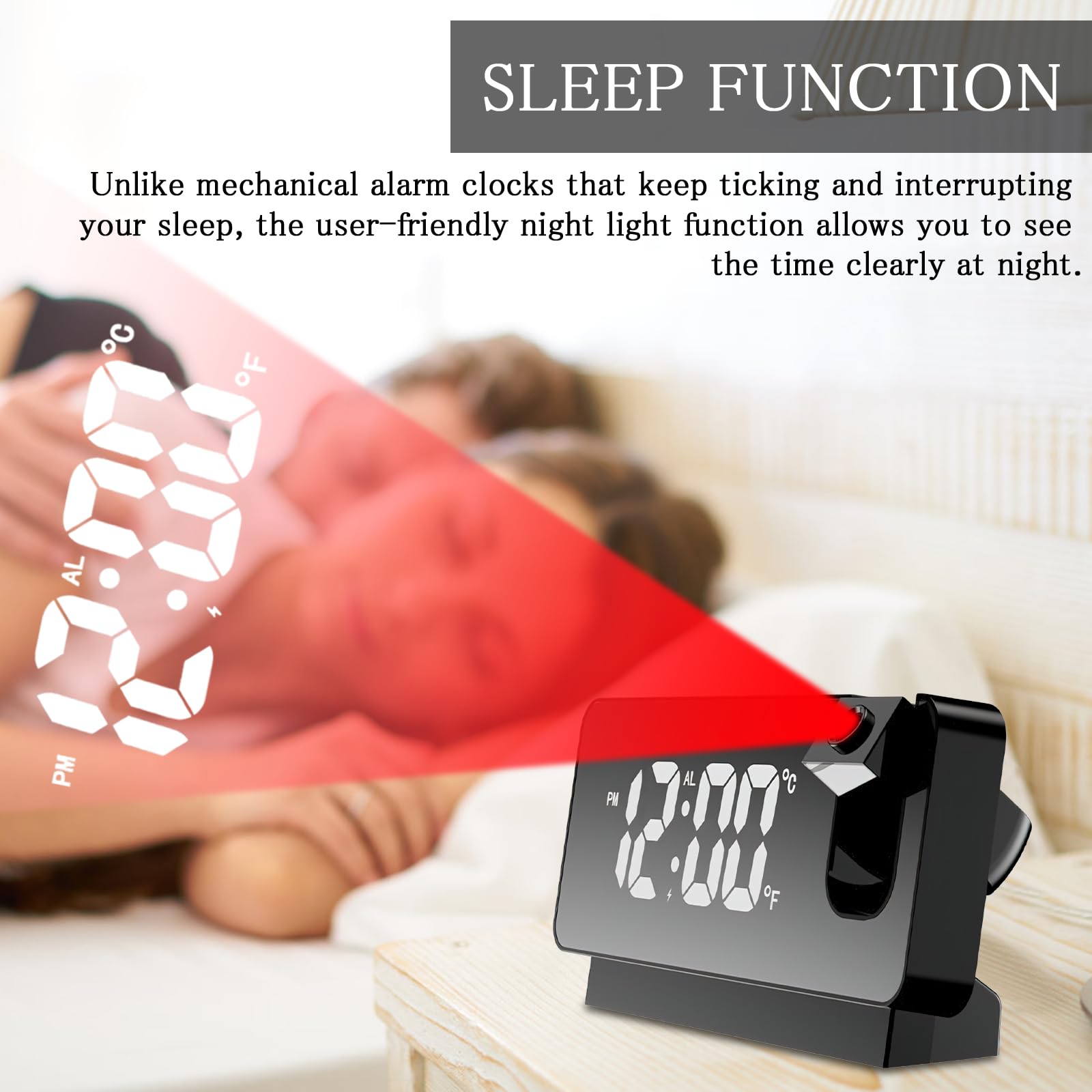 TNSLAND Reloj Despertador con proyección, Despertador con proyección de 180 °, Reloj Despertador LED, Reloj Digital, Reloj Digital con repetición de Doble Gong, Temperatura, Puerto USB, función
