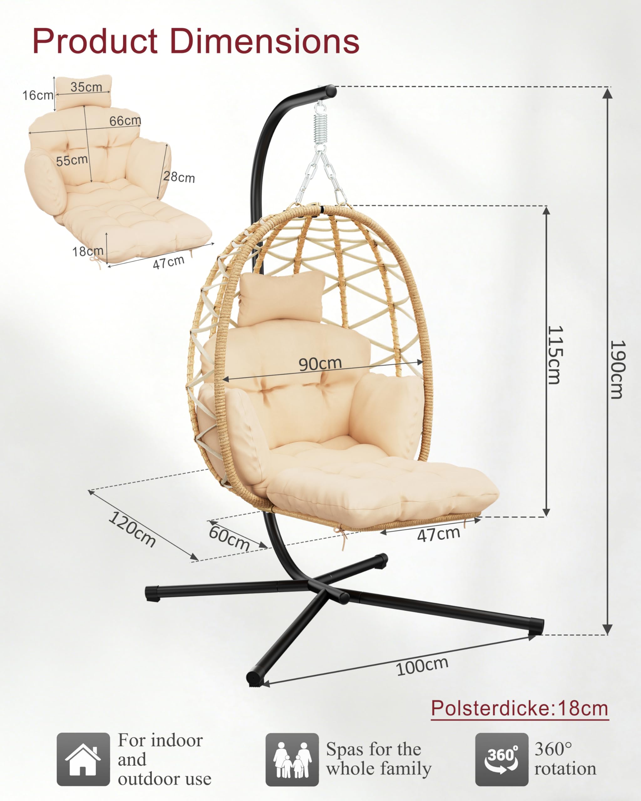 Poltrona sospesa con telaio, poggiapiedi, poltrona sospesa, in rattan per esterni e interni, altalena sospesa per giardino, terrazza, cameretta dei bambini, angolo lettura, fino a 150 kg