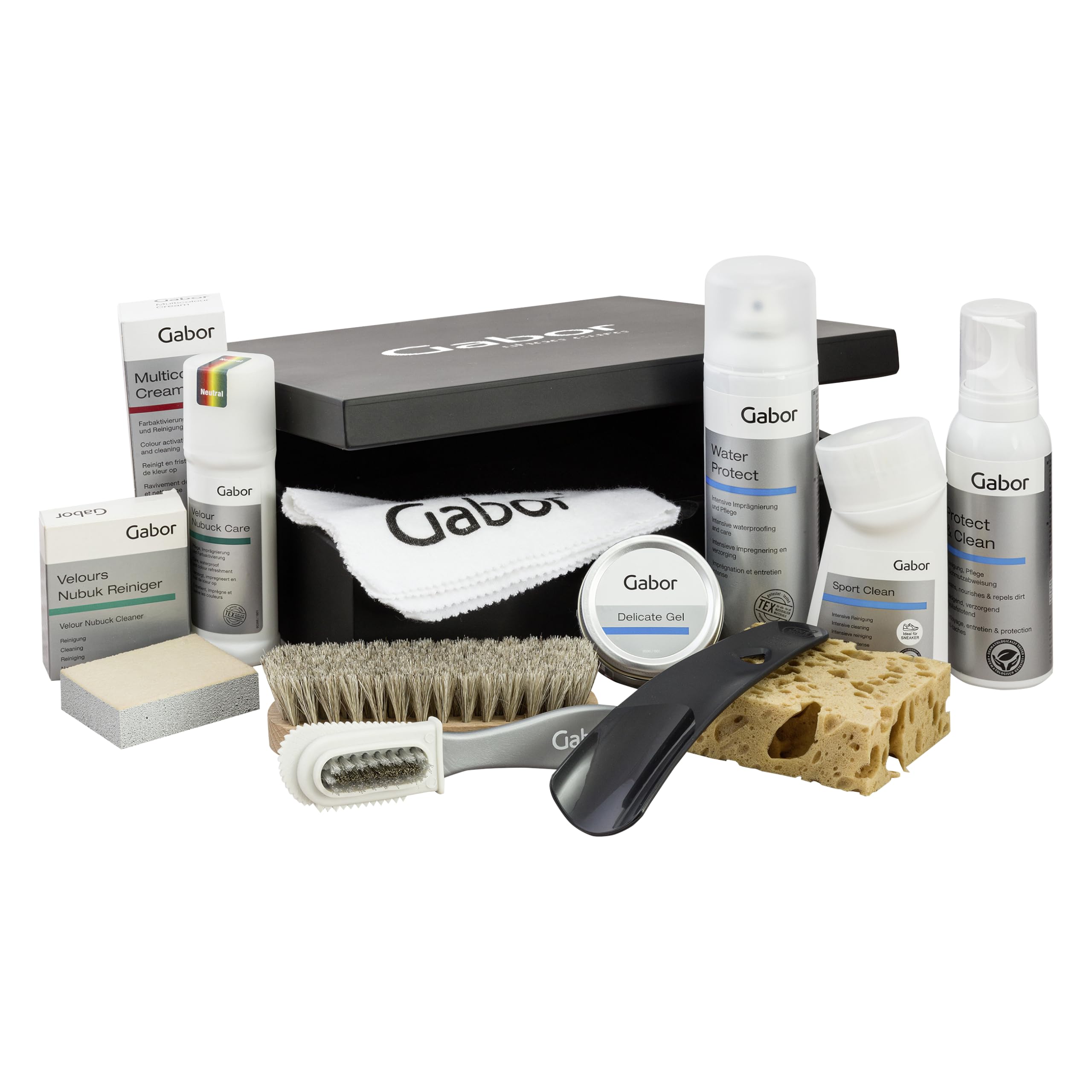 Gabor Premium Schuhputzset Schuhpflegeset zur professionellen Reinigung und Pflege von Schuhen, für alle Materialien, Schmutzentferner, Farbauffrischung, Imprägnierung, Geschenk für Schuhliebhaber