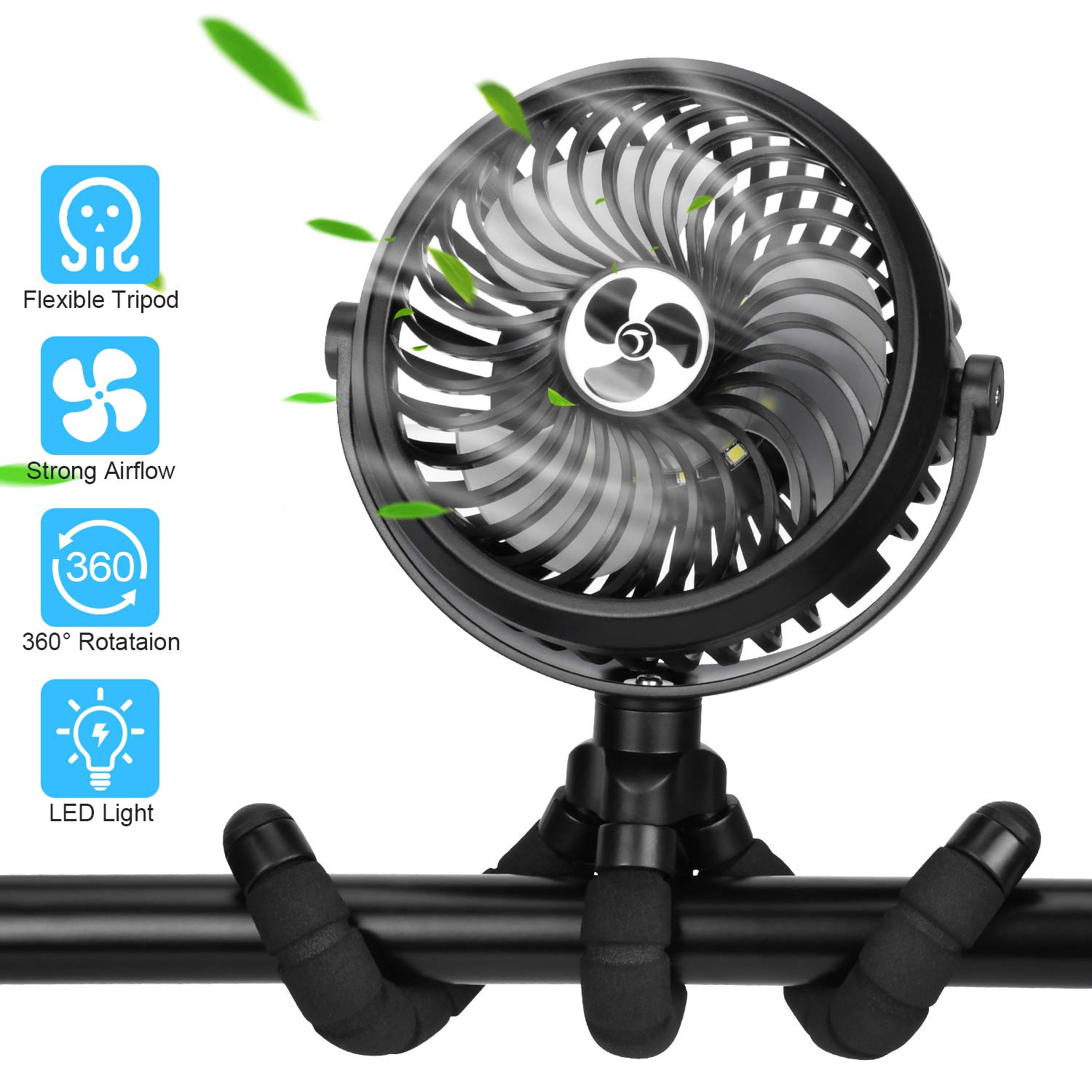 TAECCL Stroller Fan Clip on Fan Noiseless Personal Portable Fan Rechargeable Pram Fan 3 Speed with Flexible Tripod 2500 mAh Battery Operate Mini Fan for Stroller Pushchair Buggy Bedroom(Black)