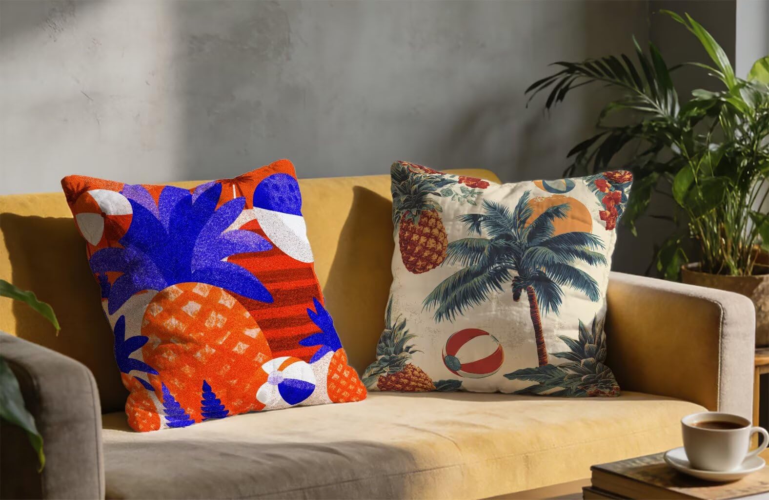 Housse De Canapé 65x65 cm Lot de 2 Couleur Coussin Canape 65 x 65 Coussin Decoratif Lin Coussincarré Paysage Impression Recto Verso avec Fermeture éclair Invisible Printemps Été Décoration M-974642