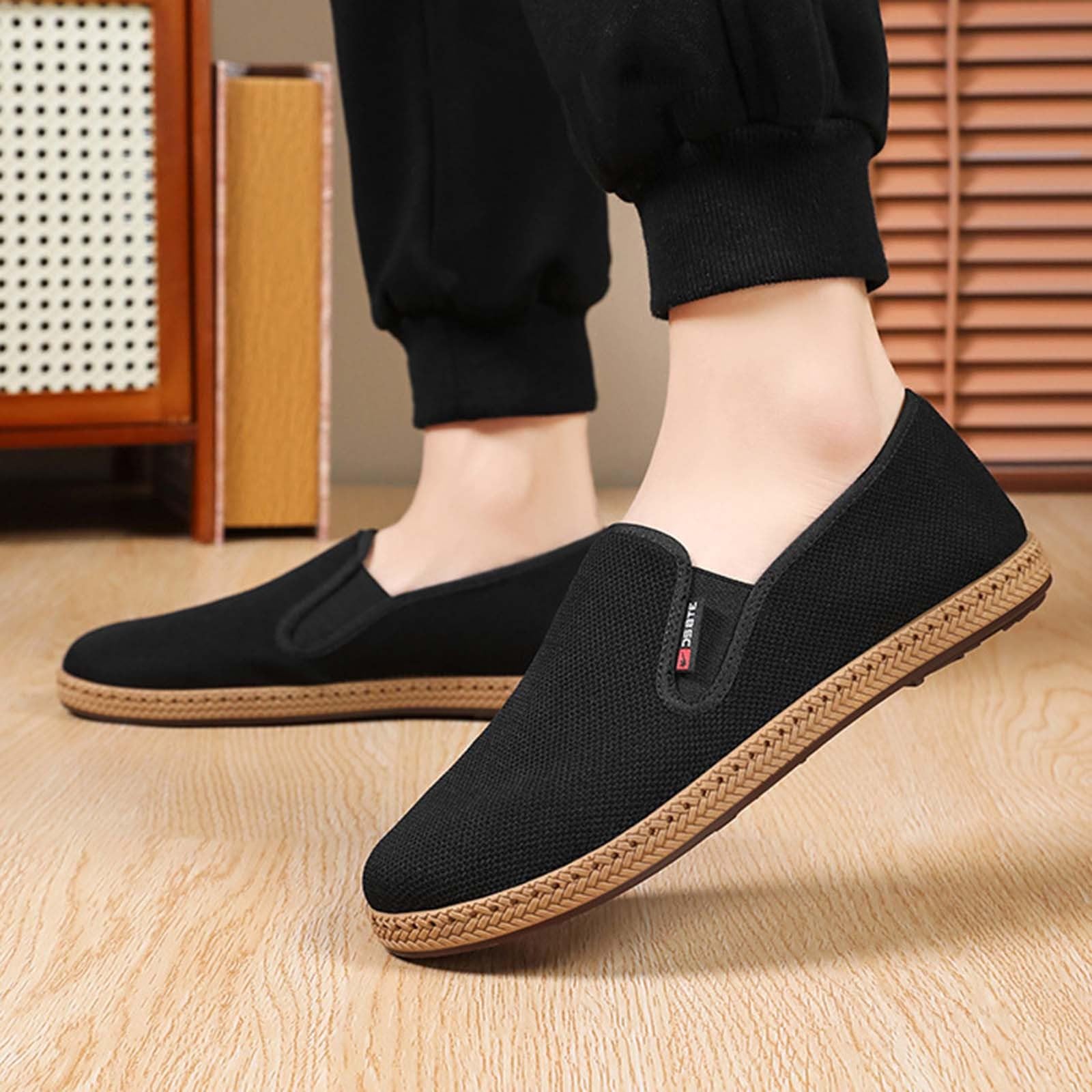 Alpargatas para hombre, color negro, zapatos para caminar, mocasines de malla, transpirables, ligeros, planos, zapatos de verano, suelas suaves, zapatos de tela, zapatos para correr, cómodos zapatos