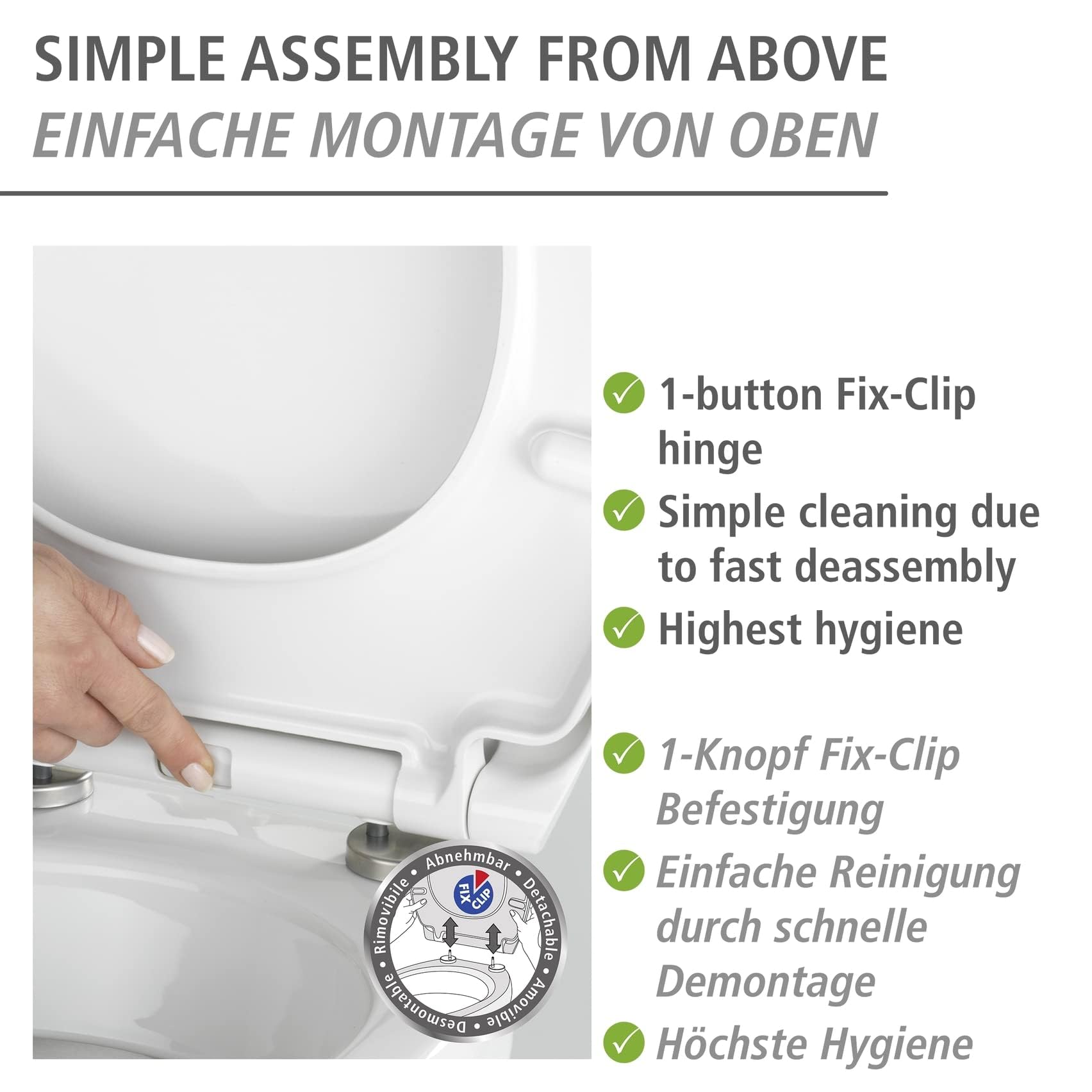 WENKO Asiento de WC Agate, asiento de inodoro higiénico de Duroplast antibacteriano con cierre suave y fijación higiénica Fix-Clip de acero inoxidable, tapa WC con superficie de relieve, 38 x 44,5 cm