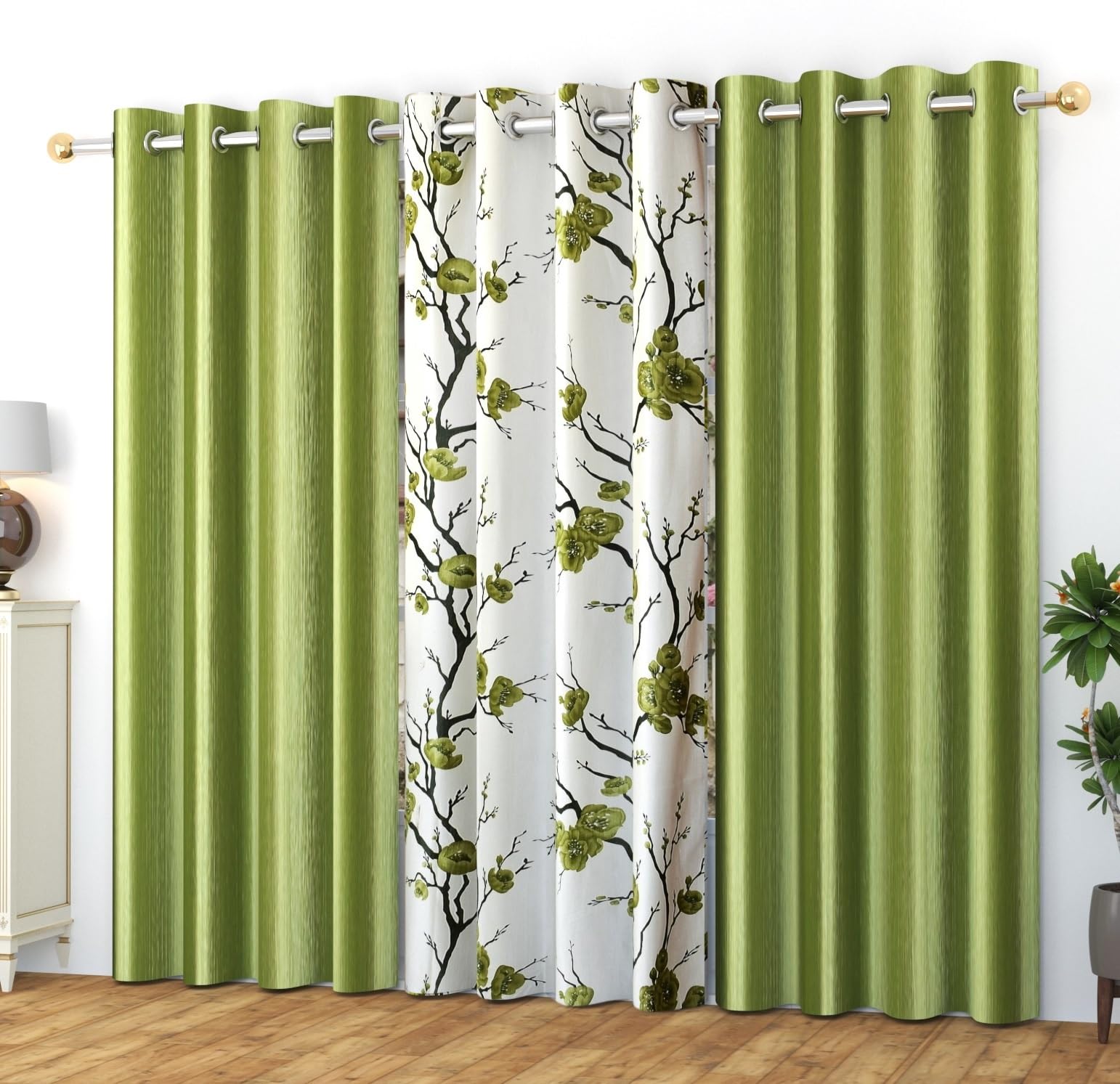 Yarnis 5 feet Polyester Light-Filtering (2 Plain + 1 Floral Printed) Eyelet Window Curtain, Pista Green, Combo Pack of 3 (B093D4Y5KJ) Amazon Price History, Amazon Price Tracker