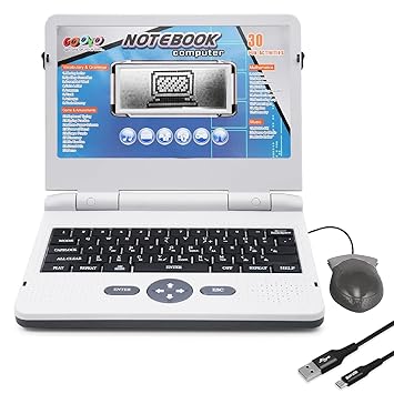 Plug and Play Electronic Notebook Computer Toy for Kids with 30 Activities, Dual Power Support, Grey, 28x21x4 cm