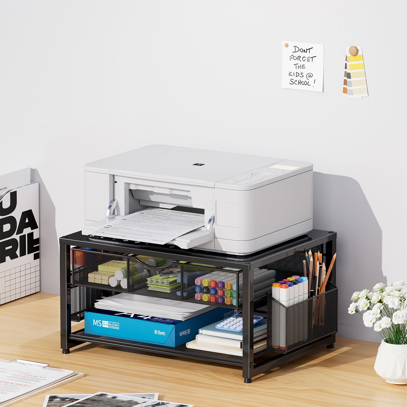 Soporte de impresora de metal para escritorio con cajón de almacenamiento y 2 soportes para bolígrafos, organizador de escritorio de 2 niveles para oficina en casa, organizador de escritorio 2