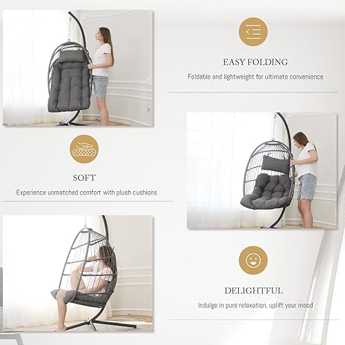 Miniatura 20 de Silla colgante de huevo, de mimbre y ratán, cojines resistentes a los rayos ultravioleta, capacidad de 350 libras, para dormitorio, balcón, patio