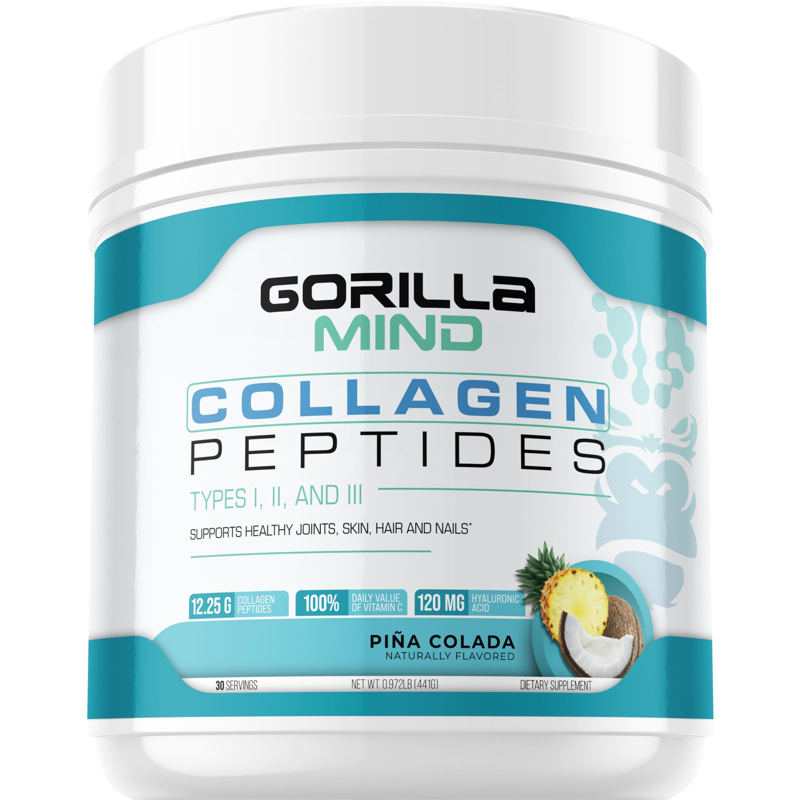 Gorilla Mind Collagen Peptides Powder - Joint & Bone Health/Great for Hair, Skin & Nails/Sleep Support/Types I, II, III/Mix in Water, Juice or a Smoothie - 441g (Piña Colada)