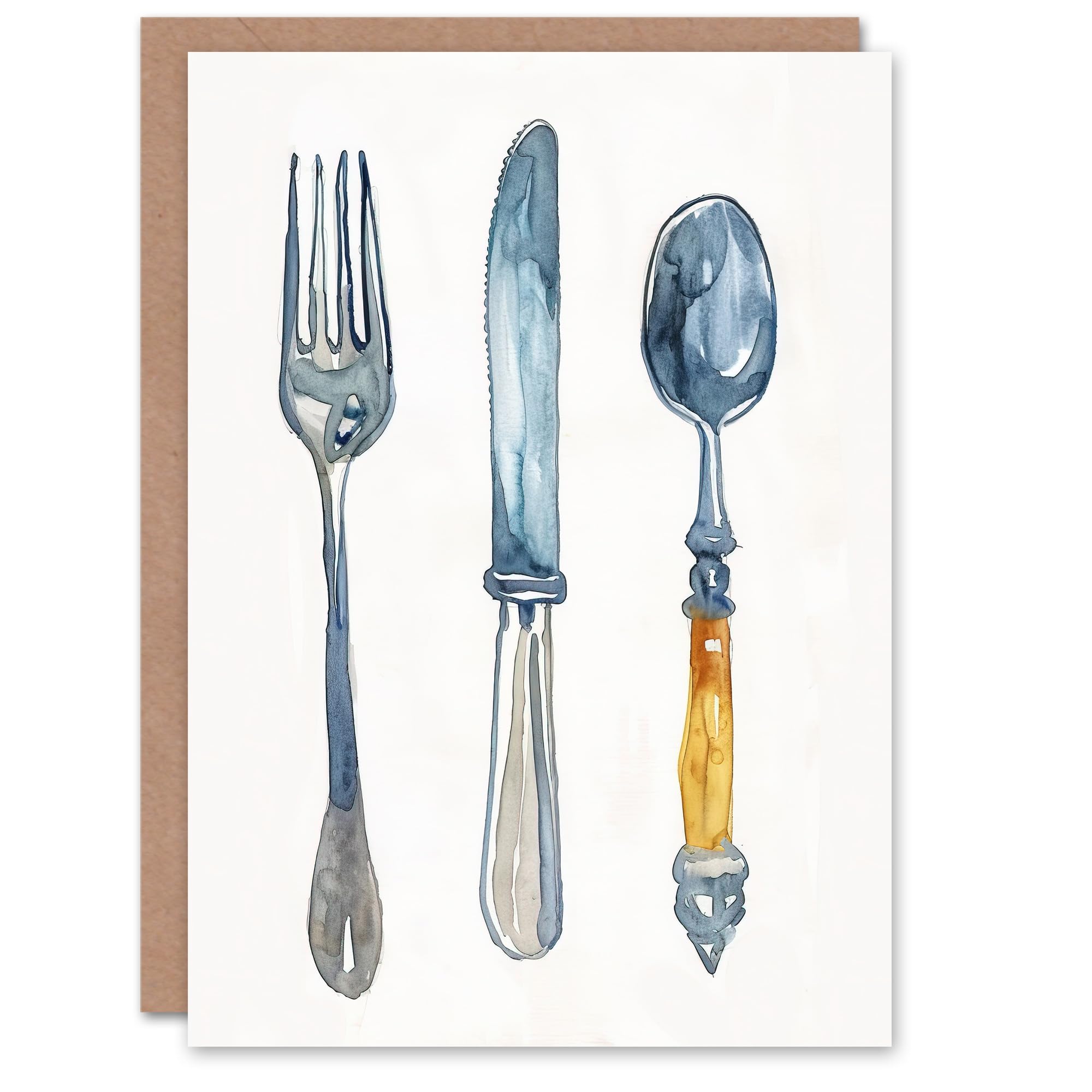 Artery8 Greeting Card Cutlery Fork Spoon and Knife Bright Watercolour Blank For Him Or Her Art Birthday Card