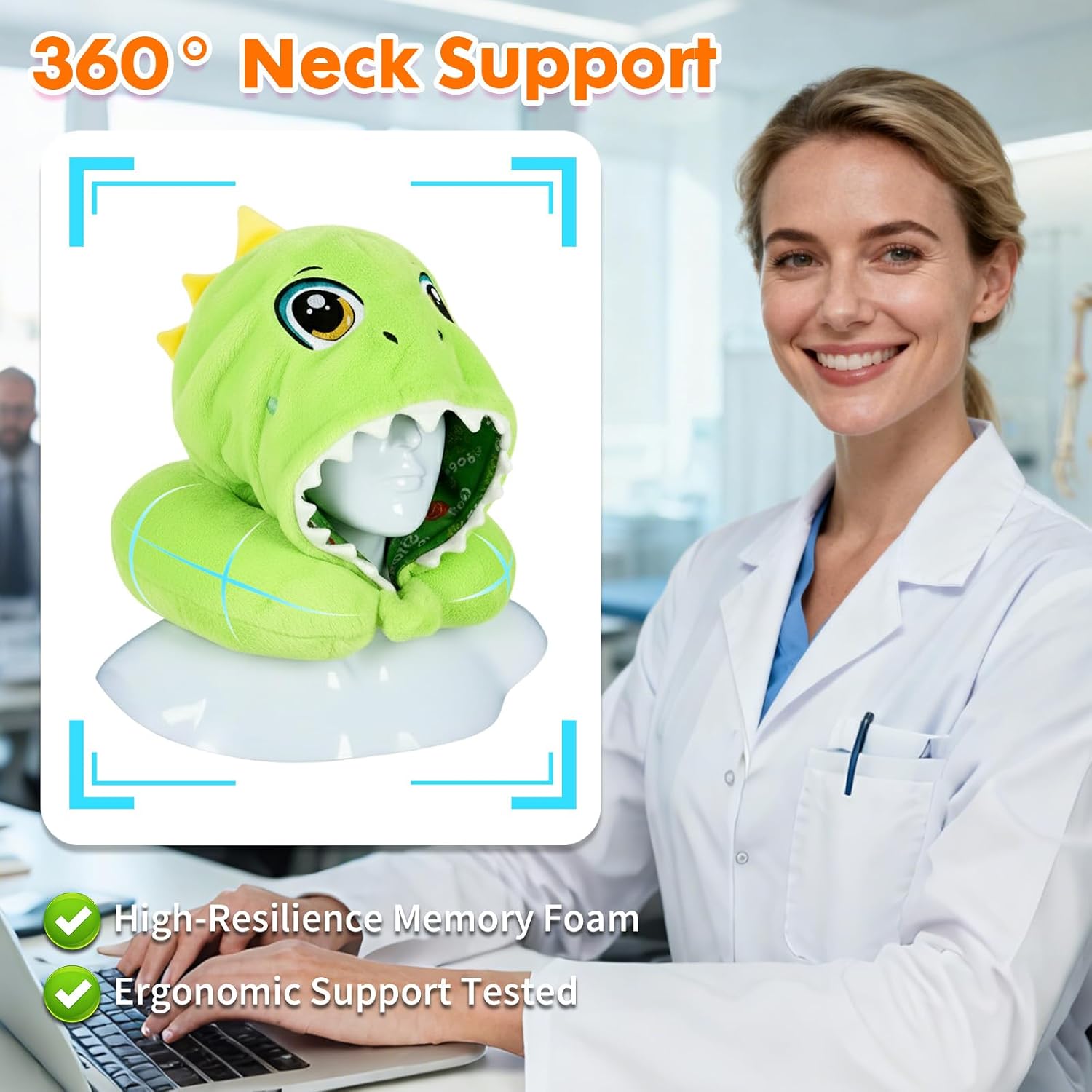 Travel Neck Pillow with Hood for Kids Adult Cute Soft Plush Memory Foam Airplane Neck Pillow for Traveling Animal Flight Pillow Head Rest Neck Support for Cars Long Flights