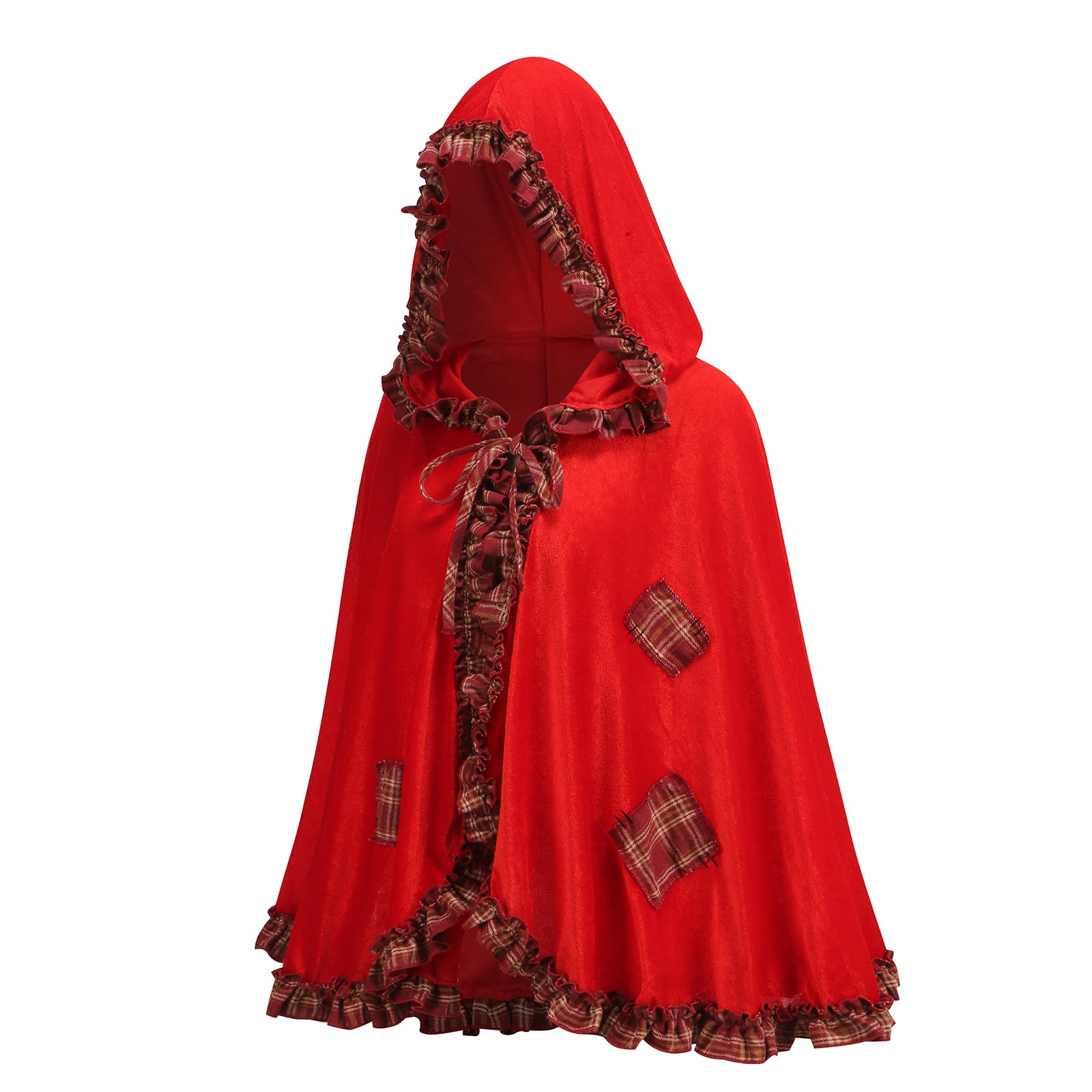 maxToonrain Red Riding Hood Cape Hooded Red Cape Cloak Adult Velvet Little Riding Hood Costumes Fairytale Character Halloween World Book Day Outfit for Women (Plaid Ruffled Trim,65cm) - Image 2