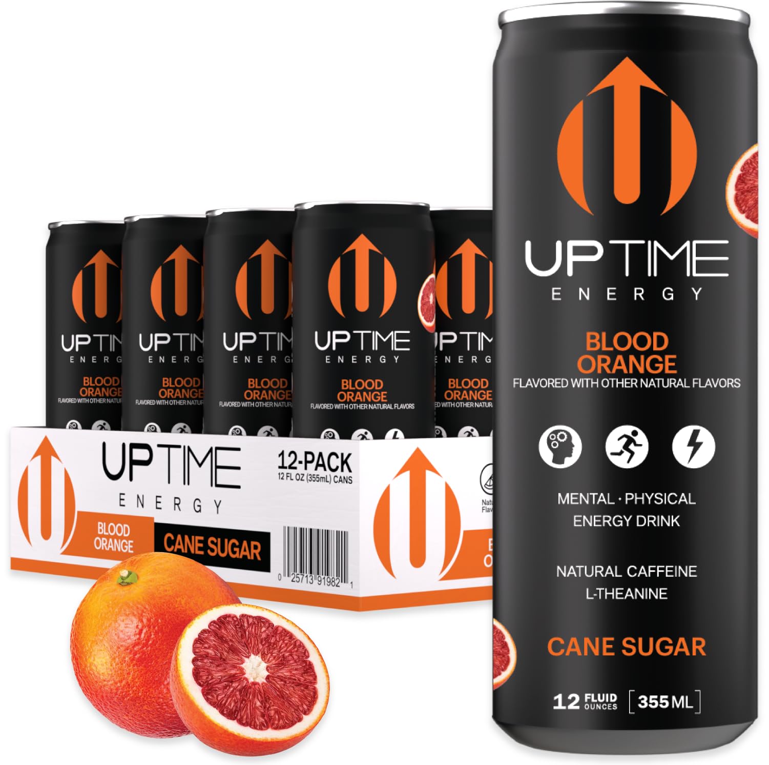 UPTIME – Blood Orange - Cane Sugar (12 Pack), Premium Energy Drink, 12oz Bottles, Natural Caffeine, Sparkling, Natural Flavors