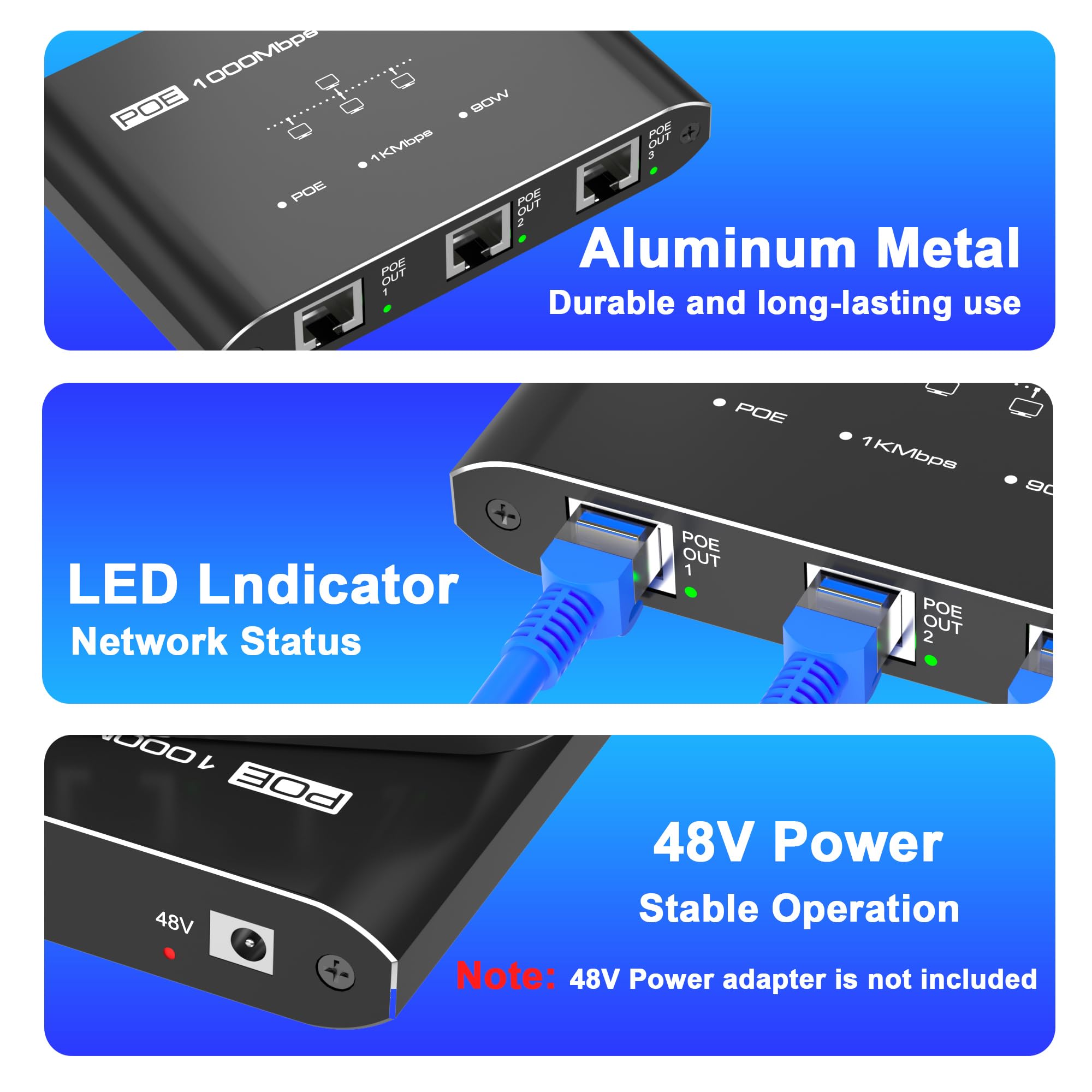 Switch PoE 1 in 3 Out, splitter PoE Gigabit a 3 porte, conforme IEEE 802.3at/af, 30 W per porta Power over Ethernet Hub per telecamere IP/Access Point/telefoni VoIP (10 m), rete per cavo Cat5e/6/7/8