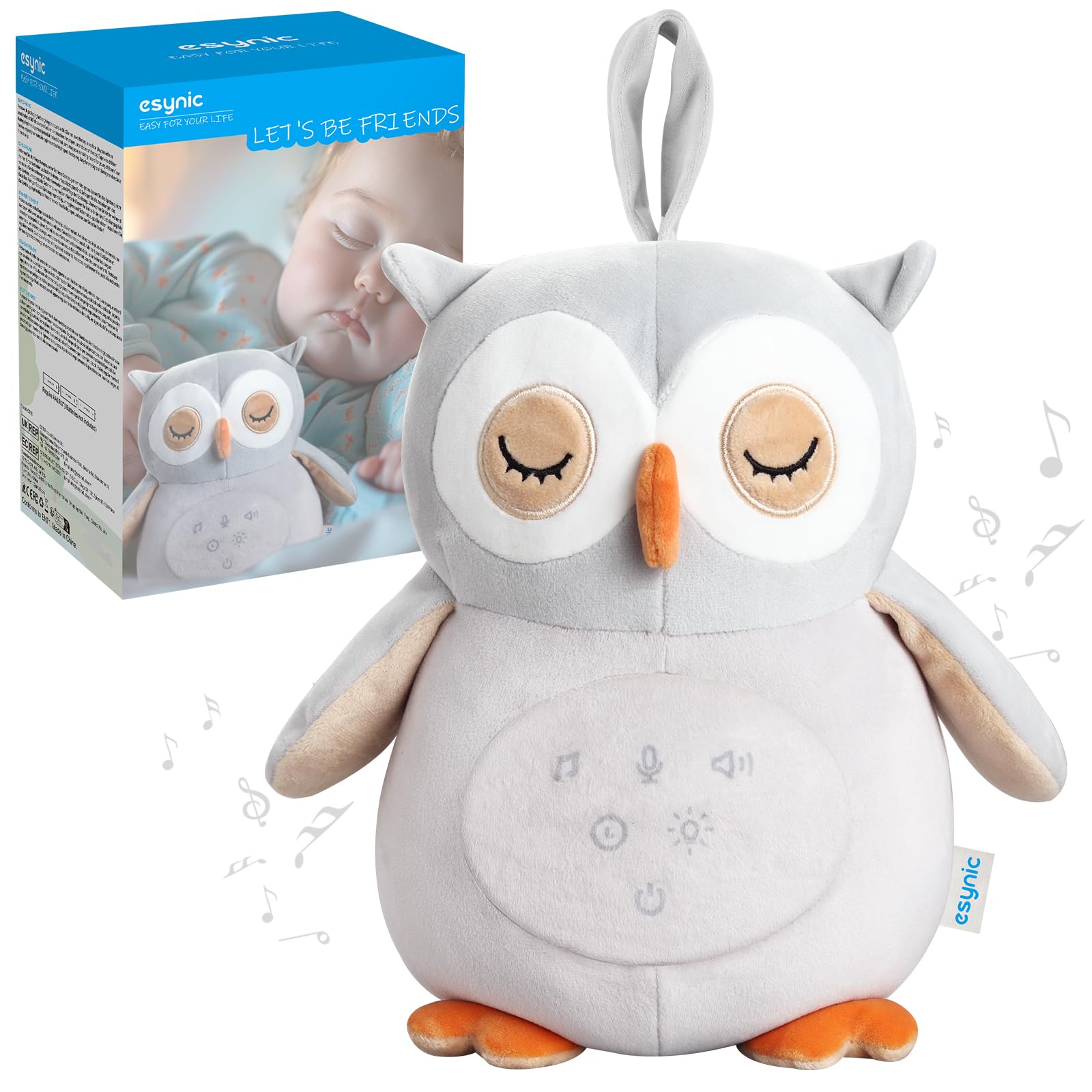 eSynic Ruido Blanco Bebé con 12 Sonidos Relajantes Peluche que Respira con Luz Nocturna Ajustable Máquina de Sonido Portátil para Niños con Temporizador Regalo para Bebés para Recién Nacidos