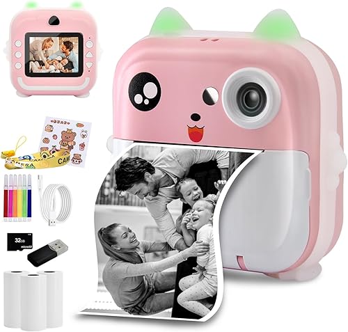 Cámara digital para niños con impresión instantánea con cámara de video HD 1080P, pantalla IPS de 2.4 pulgadas, cámara instantánea regalos de