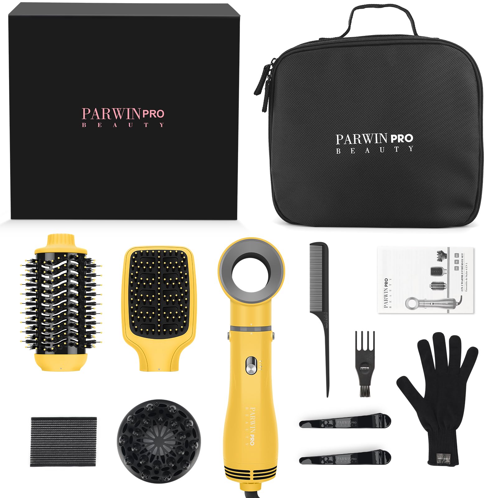 PARWIN PRO BEAUTY Zestaw szczotek do suszenia włosów 4 w 1, z 4 akcesoriami, do suszenia, wygładzania, zwiększania objętości i stylizacji, szczotka do pielęgnacji jonowej