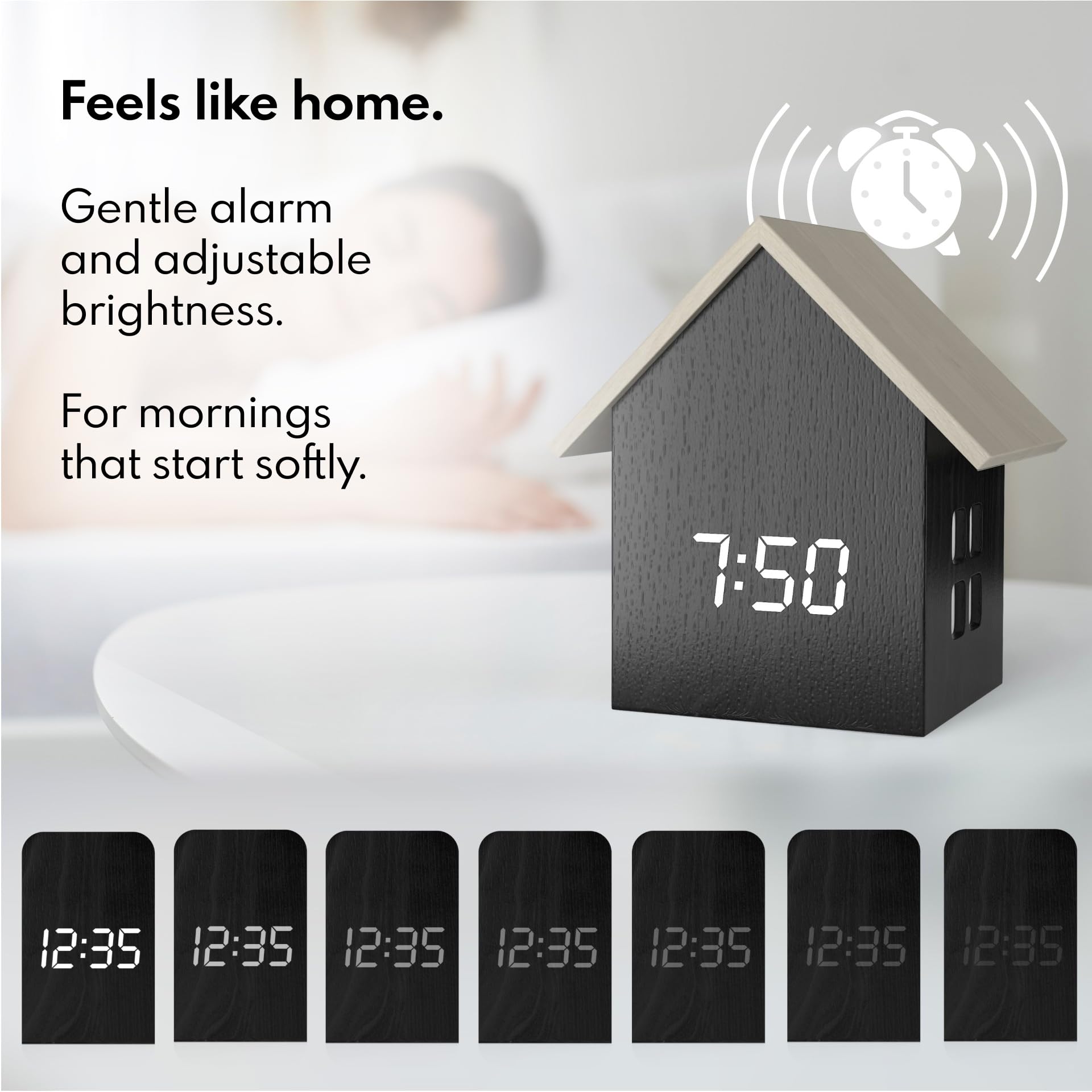 Driini Reloj despertador digital en forma de casa con pantalla de temperatura (madera oscura), estética moderna con bonito marco de cubo y regulador de intensidad LED blanco, reloj de escritorio