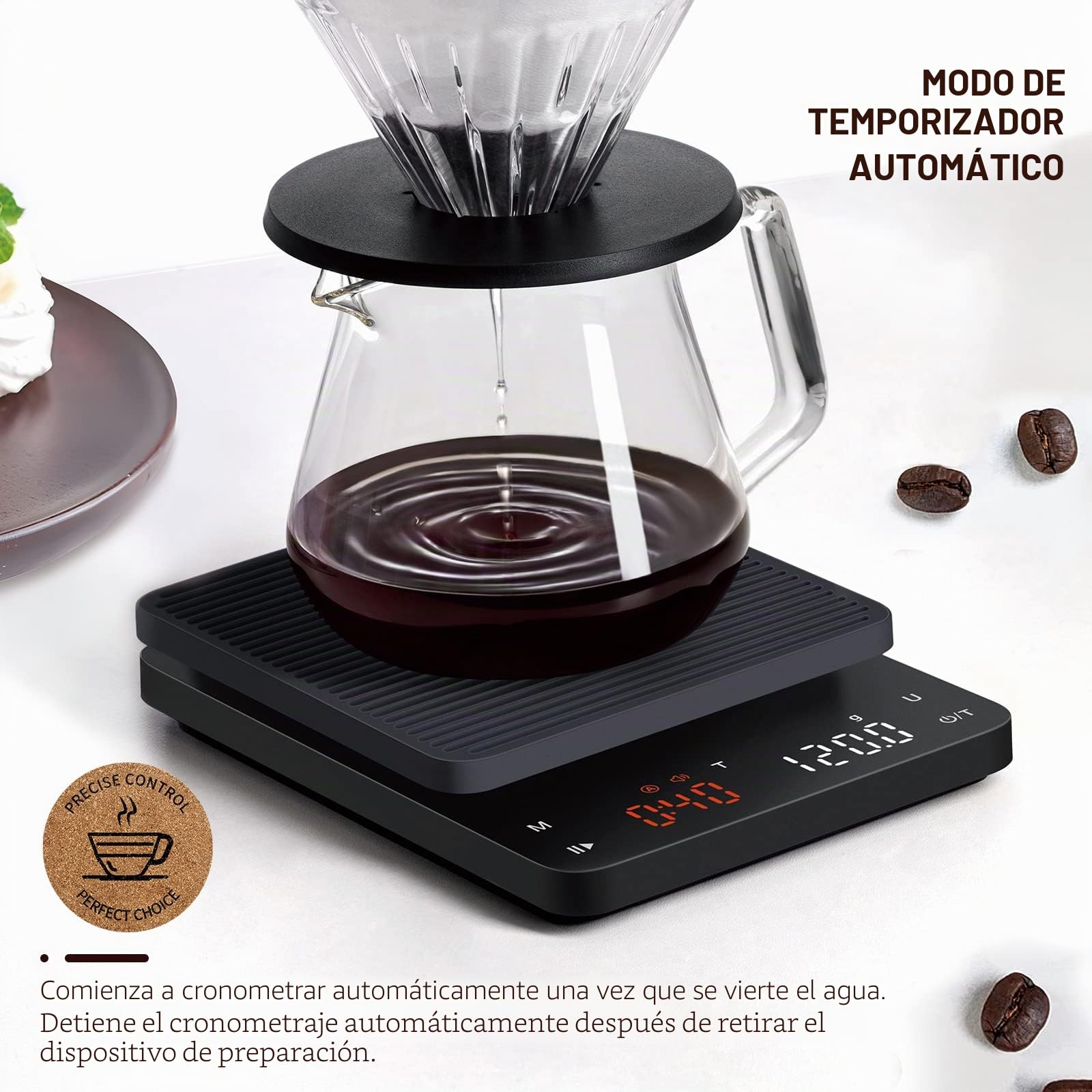 BAGAIL Báscula de Café Digital con Temporizador, 0.1 g de Alta Precisión, Báscula de Espresso por Goteo con Tara Automática, Sensor Táctil y Cubierta de Silicona, Peso Máximo 3kg, Negro Mate