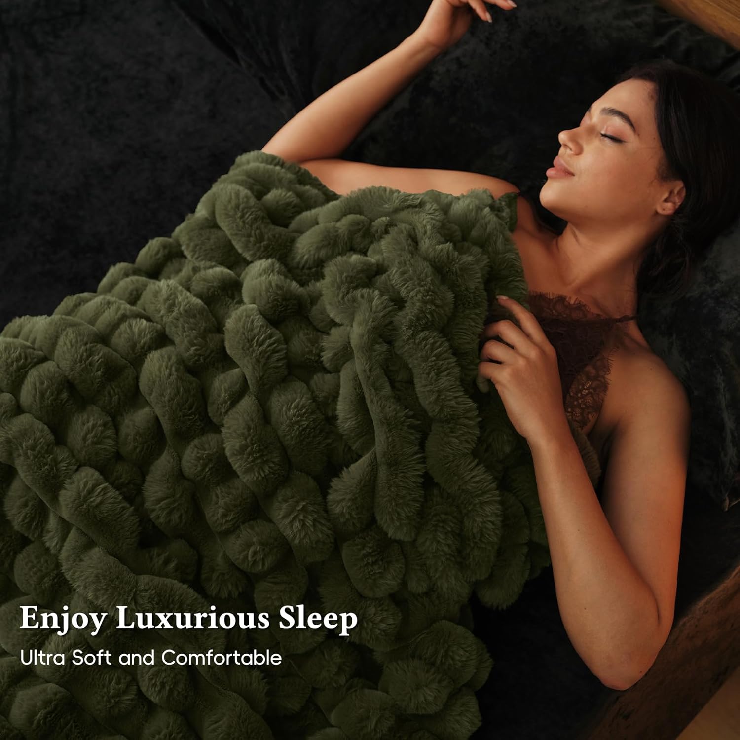 David's Home Reversible Faux Rabbit Fur Throw Blanket Twin Size, Luxury Soft Thick Shaggy Warm Fuzzy Bubble for Couch,Cozy Plush Fluffy for Fall Winter,Winter Moss,60 "* 80" - Image 2