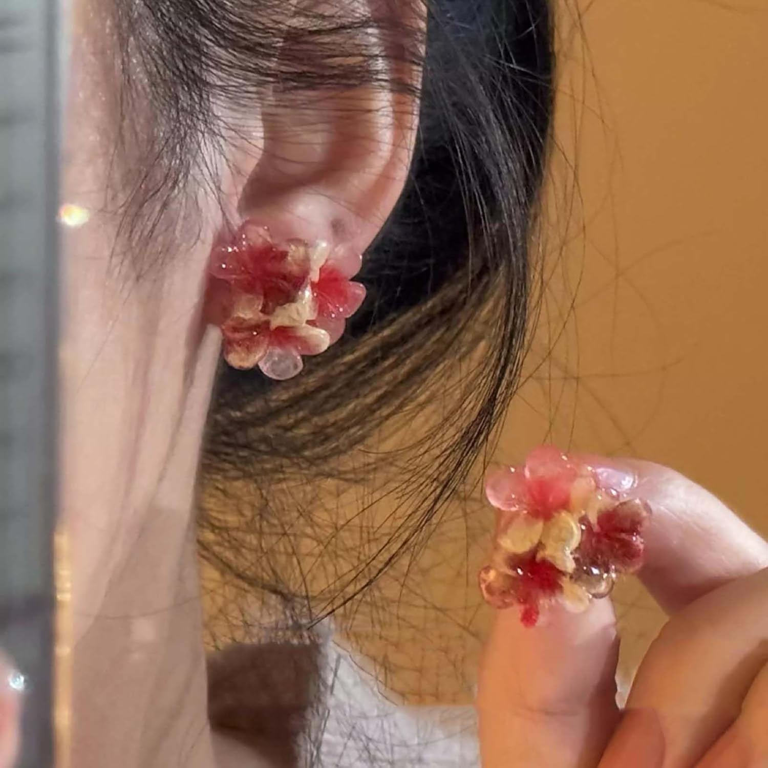 Vintage Cluster Flower Stud Earrings Red Flower Earrings Acrylic Floral Earrings Cherry Blossoms Earrings Floral Stud Earrings Jewelry for Women - Image 2