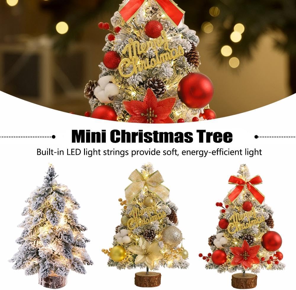 Mini sapin de Noël floqué avec lumières, petit sapin de Noël de table de 45 cm avec ornements, arbre de Noël de table fait main pour décoration de sapin de Noël (rouge)
