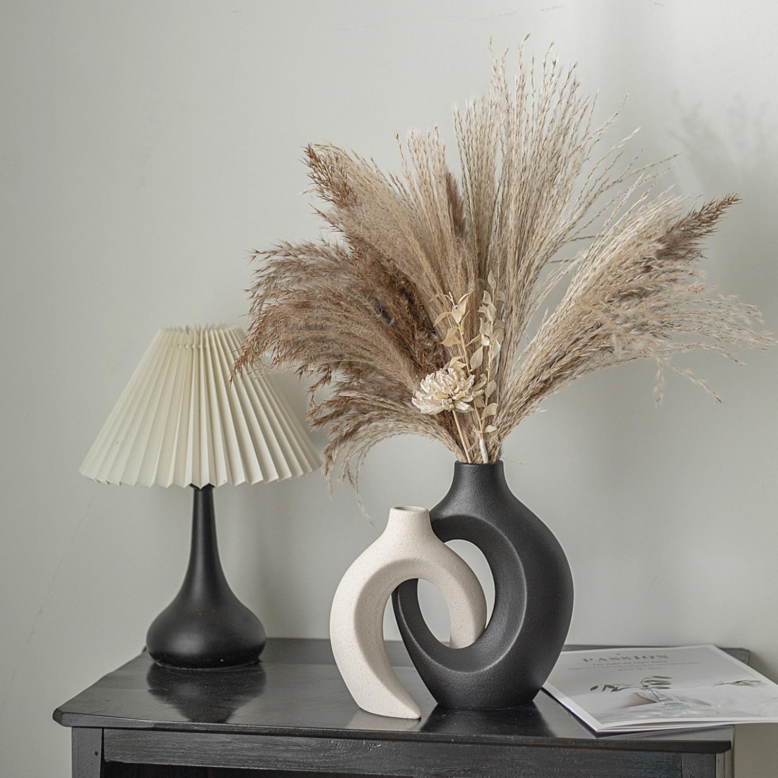 Black and Off-White Vases for Decor, Hollow Ceramic Vase Set of 2, Nordic Minimalist Aesthetic Snuggle Vases, for Table Centerpiece Dining Living Room Book Shelf Decoration (W 6.3