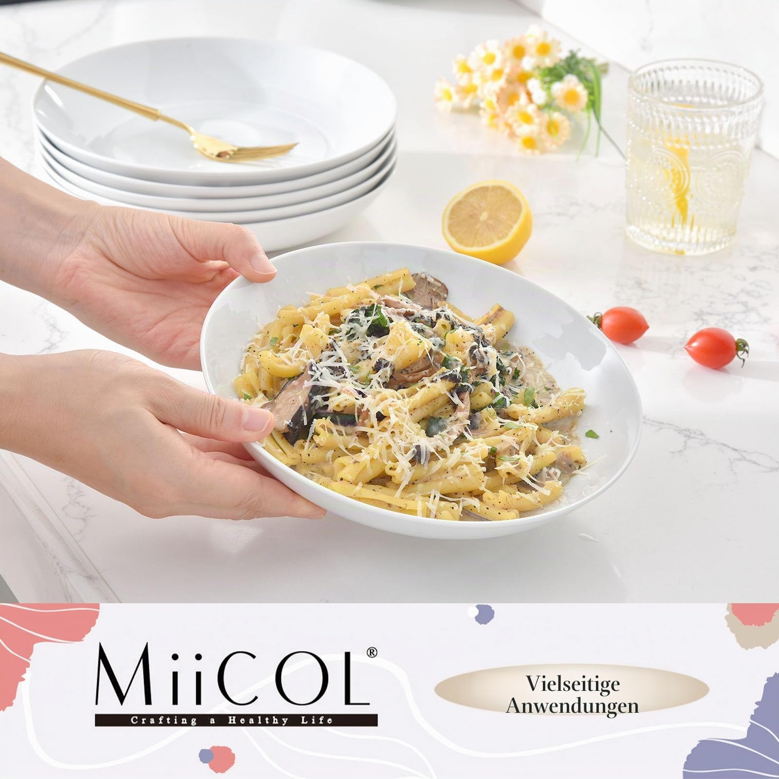 Miicol Pastateller 6 Teilig, Suppenteller Weiße 800ml, Salatteller Porzellan 21cm, Suppenschüssel Keramik, Modern Salatschüsselset, Servierteller, Tiefe Teller für Spaghetti, Pasta, Suppen, Salat