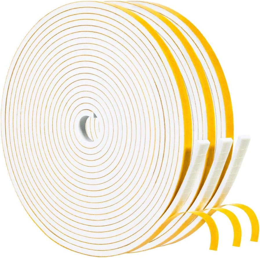yotacheWhite Doors Windows Weather Stripping 3 Rolls 1/4 Inch Wide X 1/8 Inch Thick, Foam Insulation Sealing Gasket Tape for Doors, Sliding Door, Total 50 Feet Long (3 X 16.5 Ft Each)