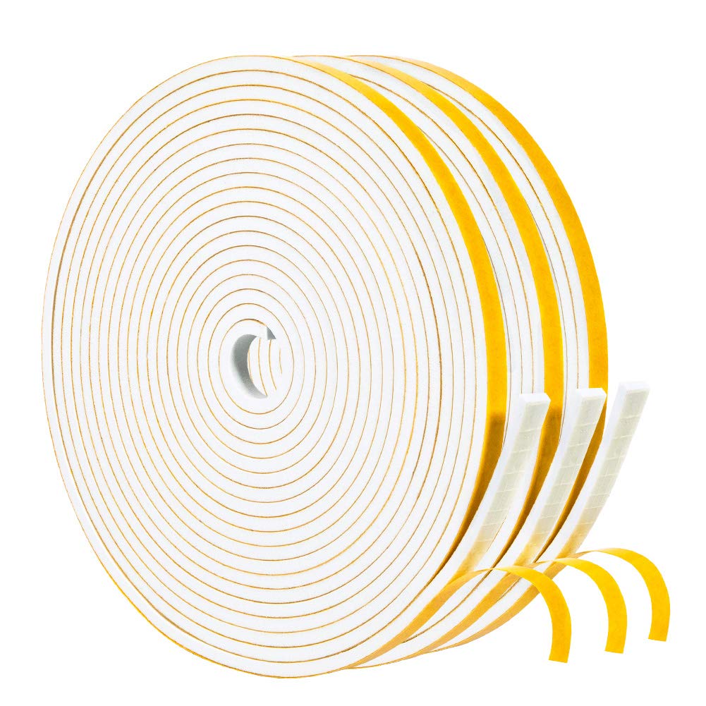 yotacheWhite Doors Windows Weather Stripping 3 Rolls 1/4 Inch Wide X 1/8 Inch Thick, Foam Insulation Sealing Gasket Tape for Doors, Sliding Door, Total 50 Feet Long (3 X 16.5 Ft Each)