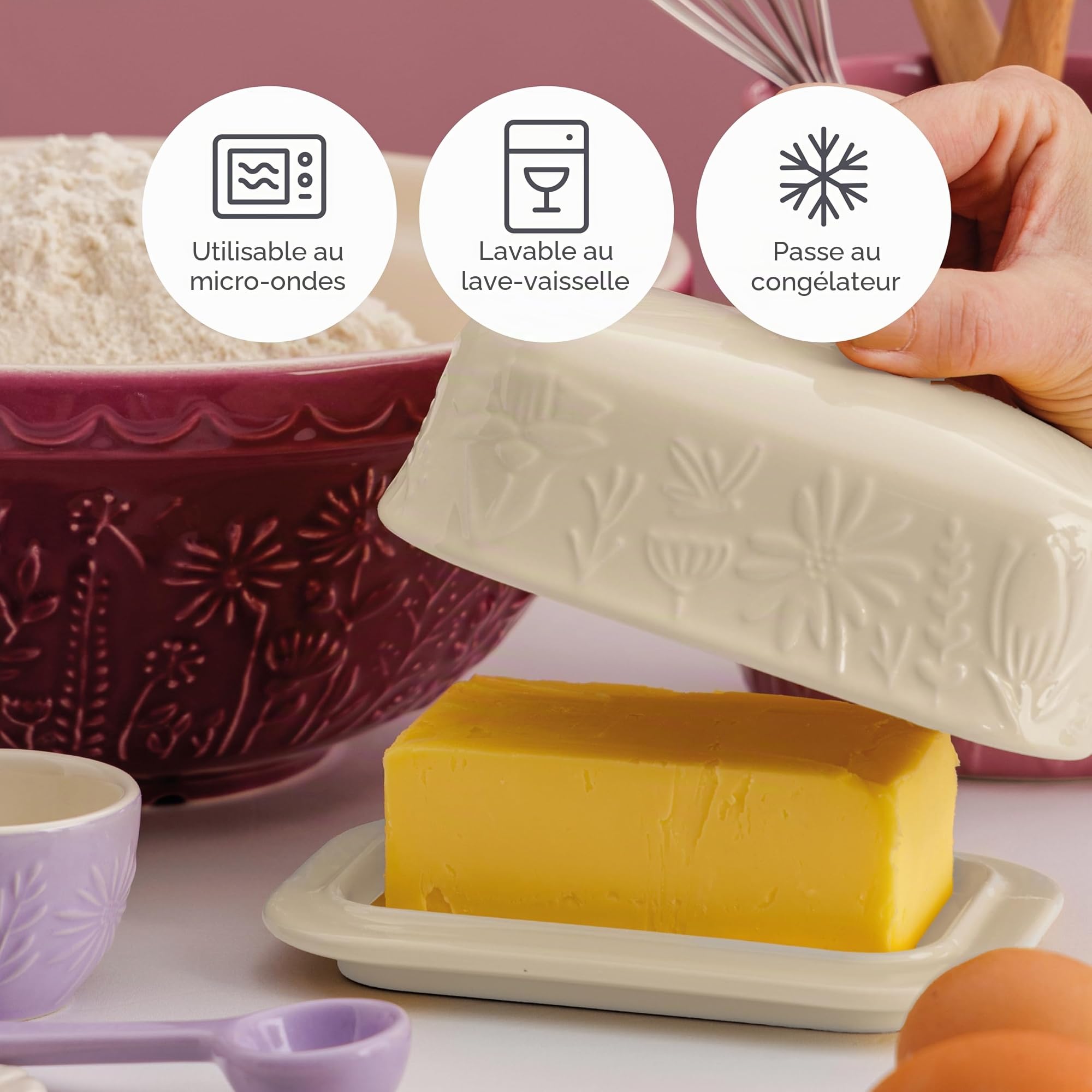 Mason Cash Beurrier In the Meadow - Motif floral en relief - En grès durable - Couvercle hermétique - Peut contenir jusqu'à 500 g de beurre - Rangement classique de cuisine et de table (9 cm H x 15,6