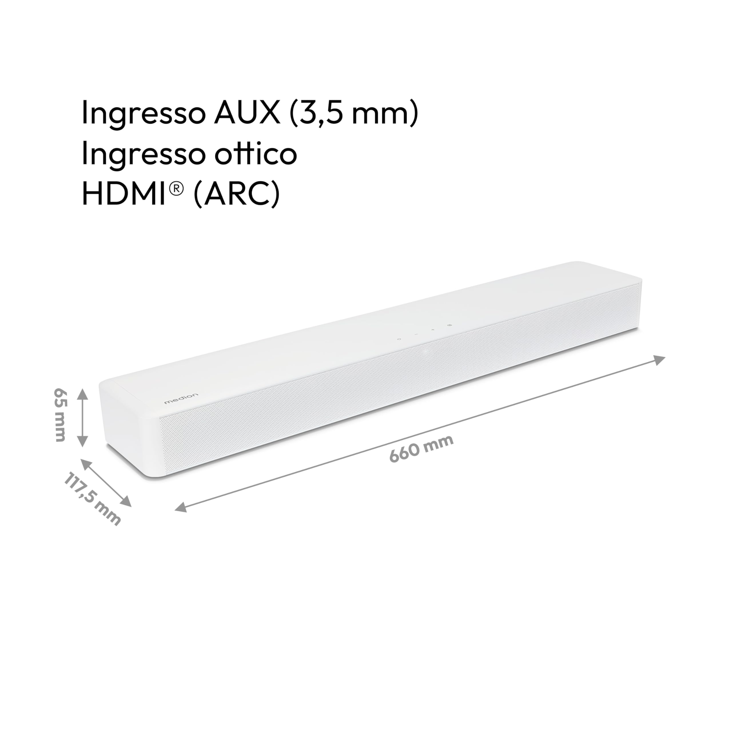 MEDION P61155 2.0 Soundbar con Bluetooth (incl. telecomando, comando touch, HDMI (ARC), AUX, ingresso ottico, 2 x 30 W RMS) bianco