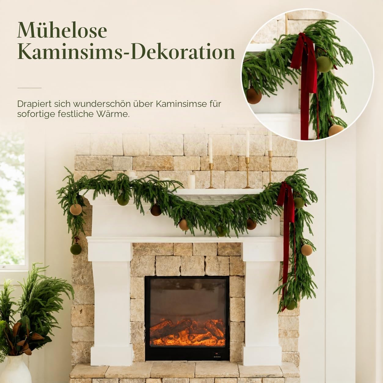 Deluxe Weihnachtsgirlande – Real Touch Norfolk-Kieferngirlande für Kamin, Treppe, Bögen und Weihnachtsdeko, Künstliches Grün (Norfolk-Kieferngirlande, 1,8 m) | Realistische künstliche Weihnachtsdekoration