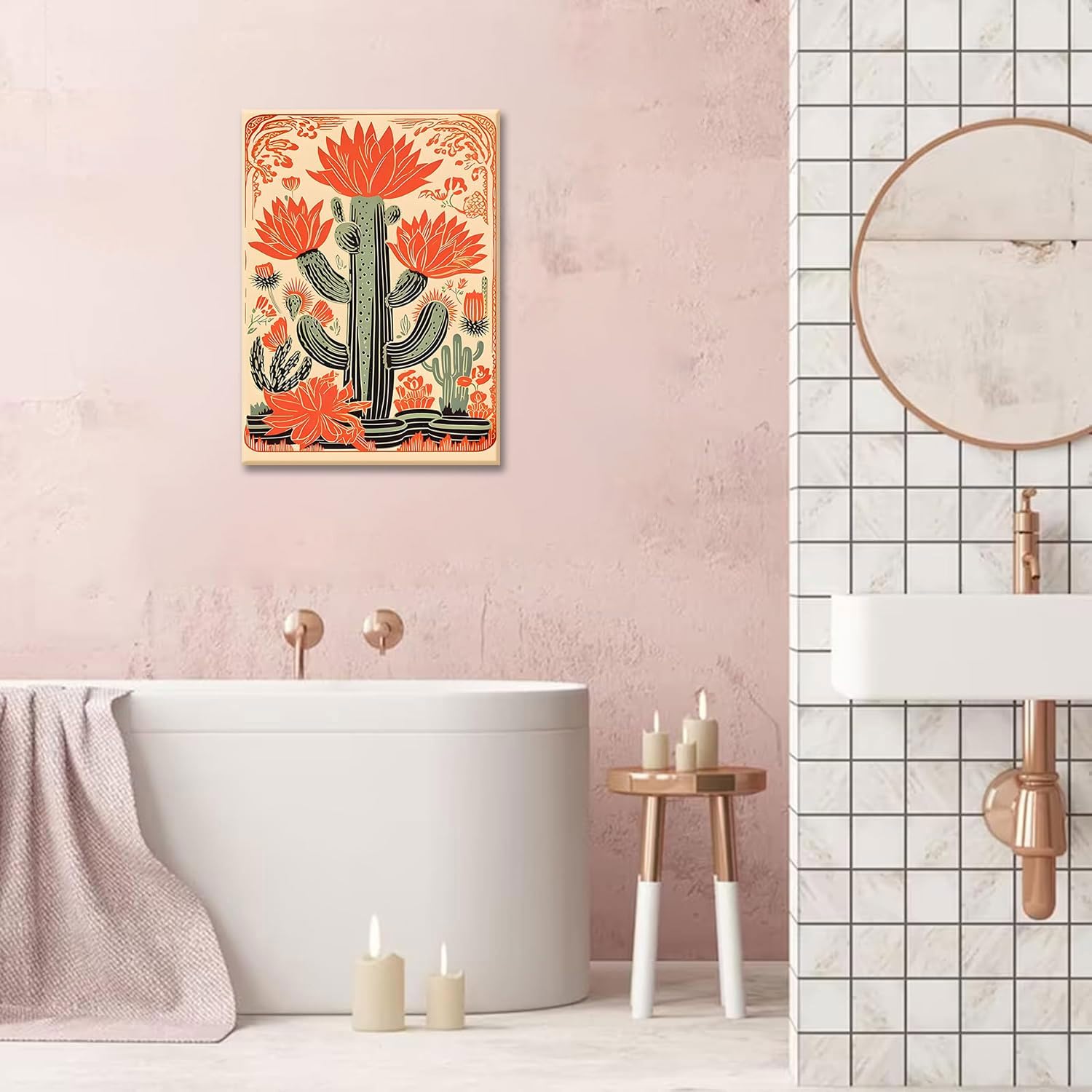 KISSFOX Framed Mexican Canvas Wall Art Cactus Desert Plant Poster Prints Vintage Green Pink Orange Botanical Floral Painting Colorful Southwestern Rustic Picture Decor Living Room Bathroom Bedroom