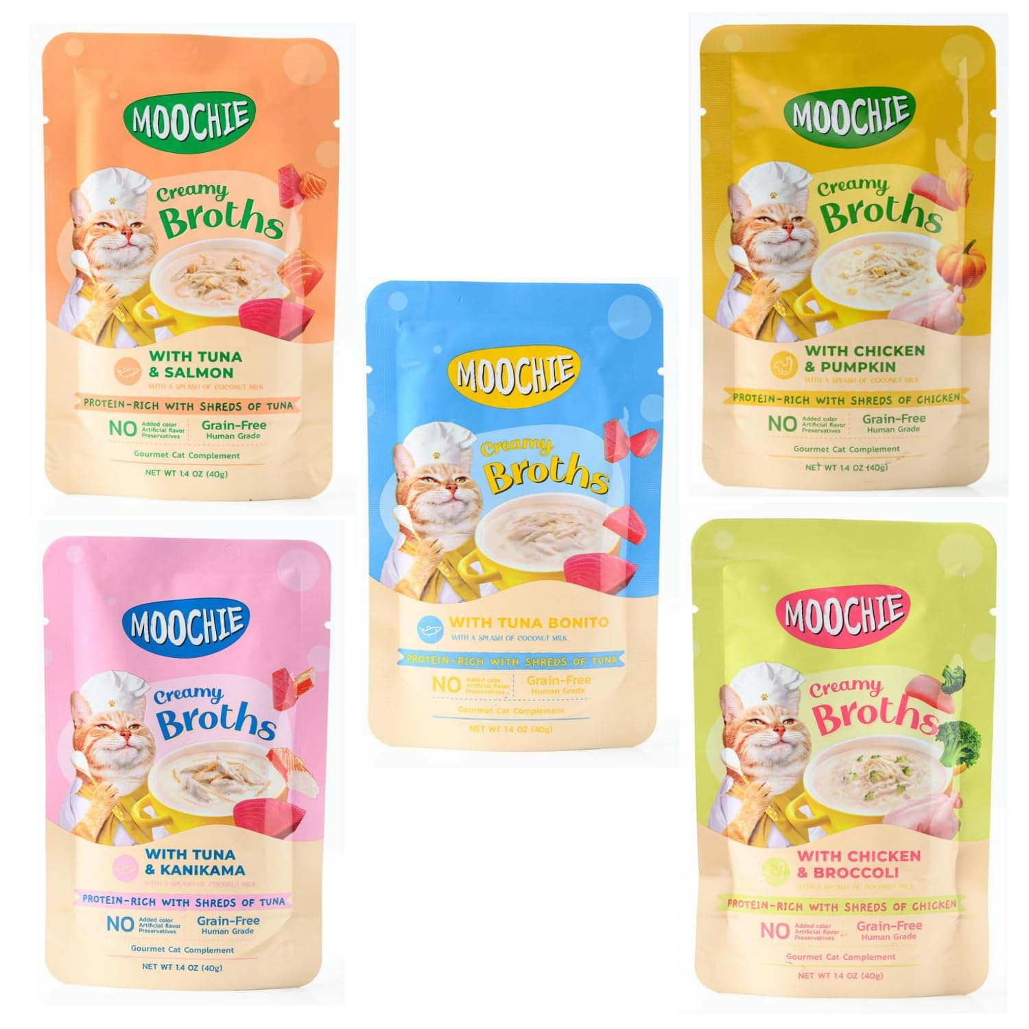 Moochie Creamy Broths Cat Soup Variety Pack, All Flavour Chicken, Broccoli, Pumpkin, Tuna Bonitono, Salmon and Kanikama (Preservatives Grain-Free) Wet Cat Food, Broths Soup for Cats, 40g x Pack of 5 (B0D1YKFFYR) Amazon Price History, Amazon Price Tracker