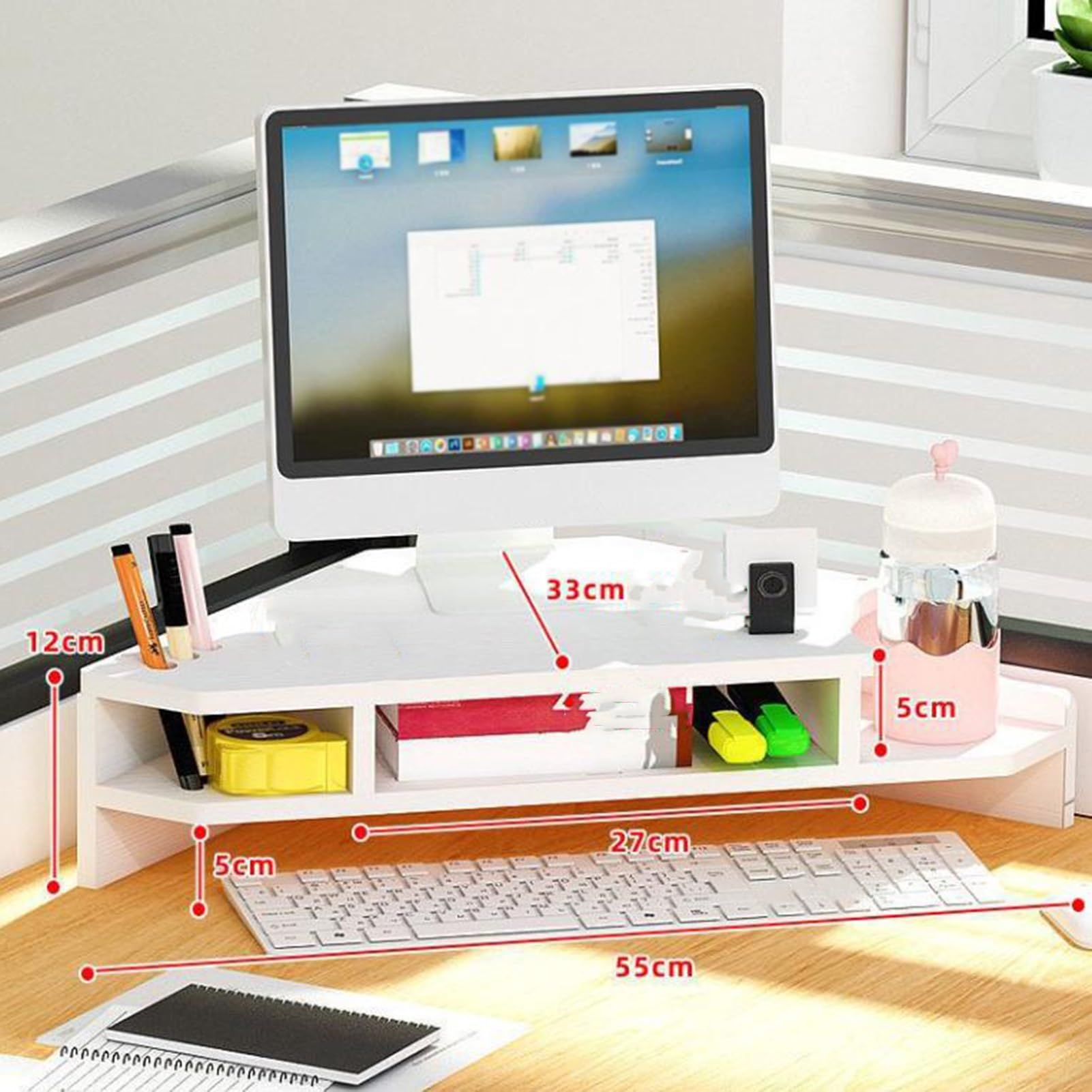 Supporto angolare bianco per computer, triangolare, per scrivania, per ufficio, scrivania, con spazio di archiviazione in legno
