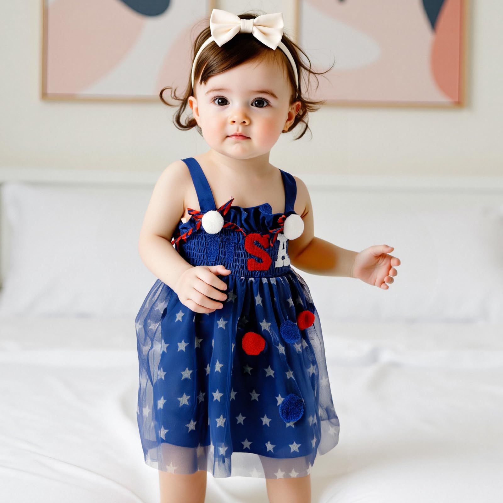Toddler Baby Girl 4th of July Smocked Dress Summer Tulle Tutu Princess Dresses Fly Sleeveless A-line Swing Sundress (D-Blue, 2-3 Years)