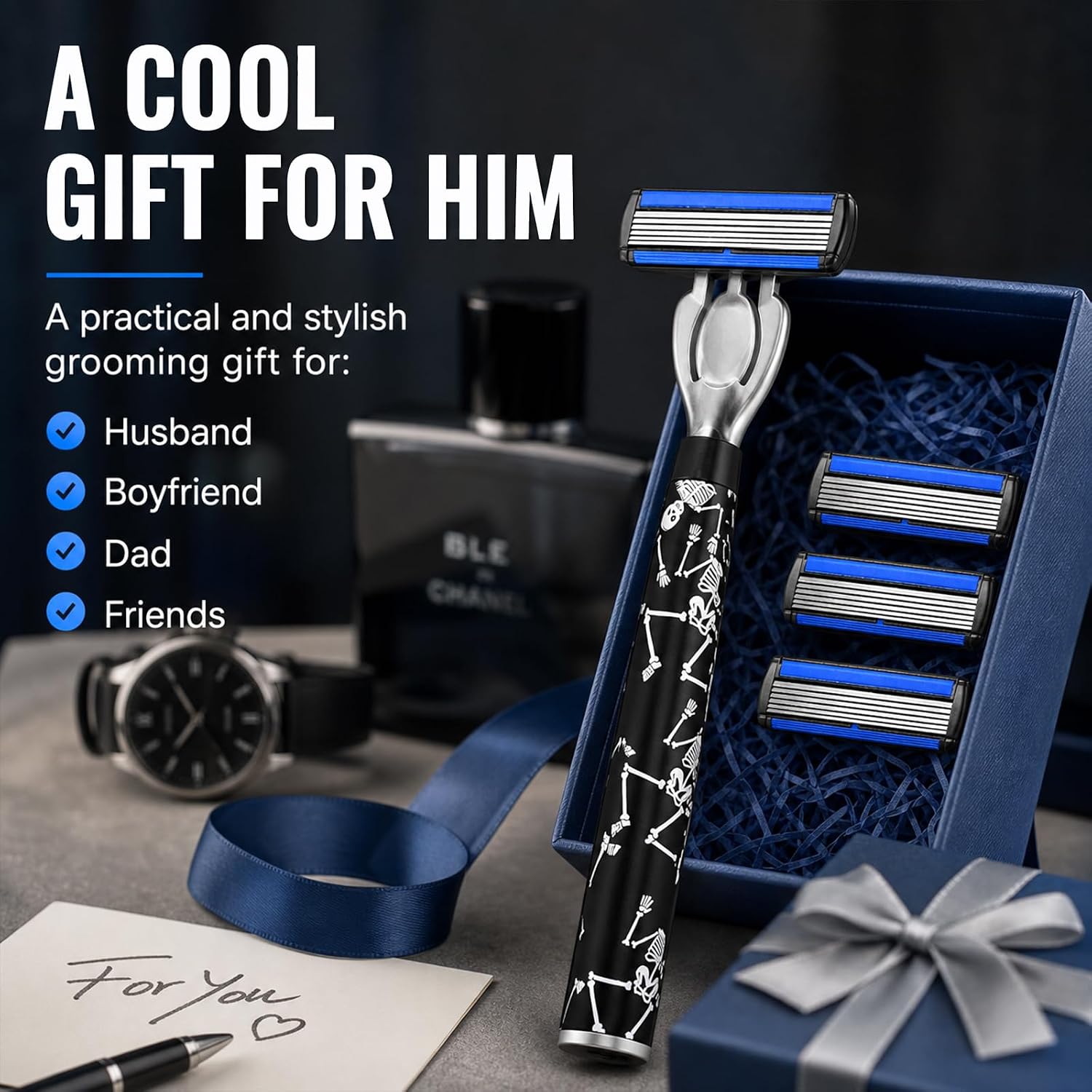 Men's 6-Blade Razor, 1 Handle + 3 Refills, Skull Pattern Handle
