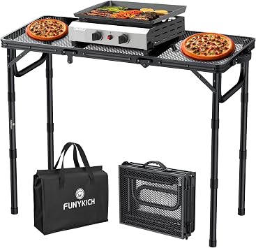 FUNYKICH 3ft Folding Grill Table for Outside 34.2x15.7, 3 Height Adjustable Portable Camping Tables, Lightweight Metal Aluminum Outdoor Table with Carry Handle for Camping, Picnic, BBQ, Black