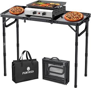 FUNYKICH Mesa Plegable Portátil para Barbacoa 87x40cm, Mesa Plegable Camping Alturas Ajustables (26/48/70cm), Superficie de Malla Aluminio Impermeable, Montaje Rápido, para Camping, Jardín y Fiestas