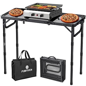 FUNYKICH Mesa de barbacoa portátil de 87 x 40 cm, mesa de camping plegable con 3 alturas ajustables (26/48/70 cm), mesa plegable con escritorio de malla, fácil de montar, mesa multifunción para