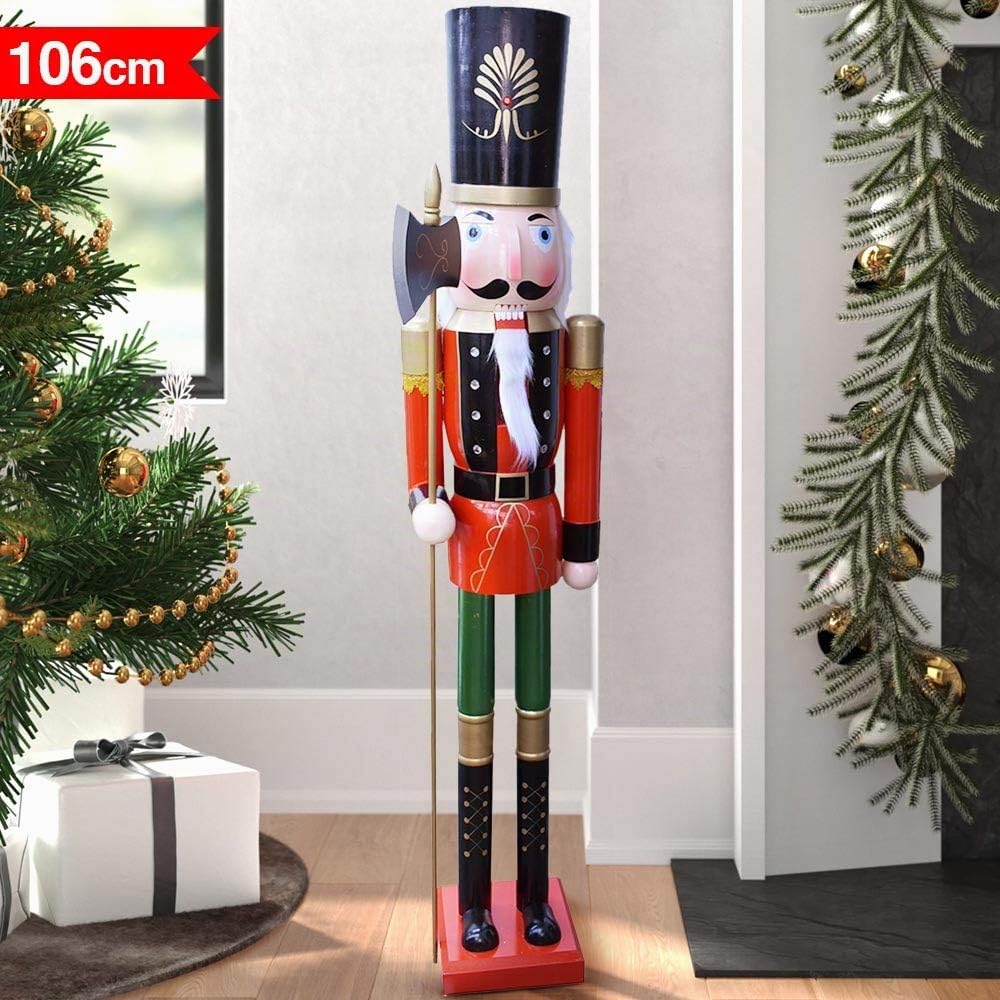 BAKAJI Soldado Cascanueces de Navidad de Madera Gigante Altura 106 cm Vestidos Pintados Barba y Pelo de Peluche con Mecanismo de Trabajo Decoraciones Navidad (Diseño 14)