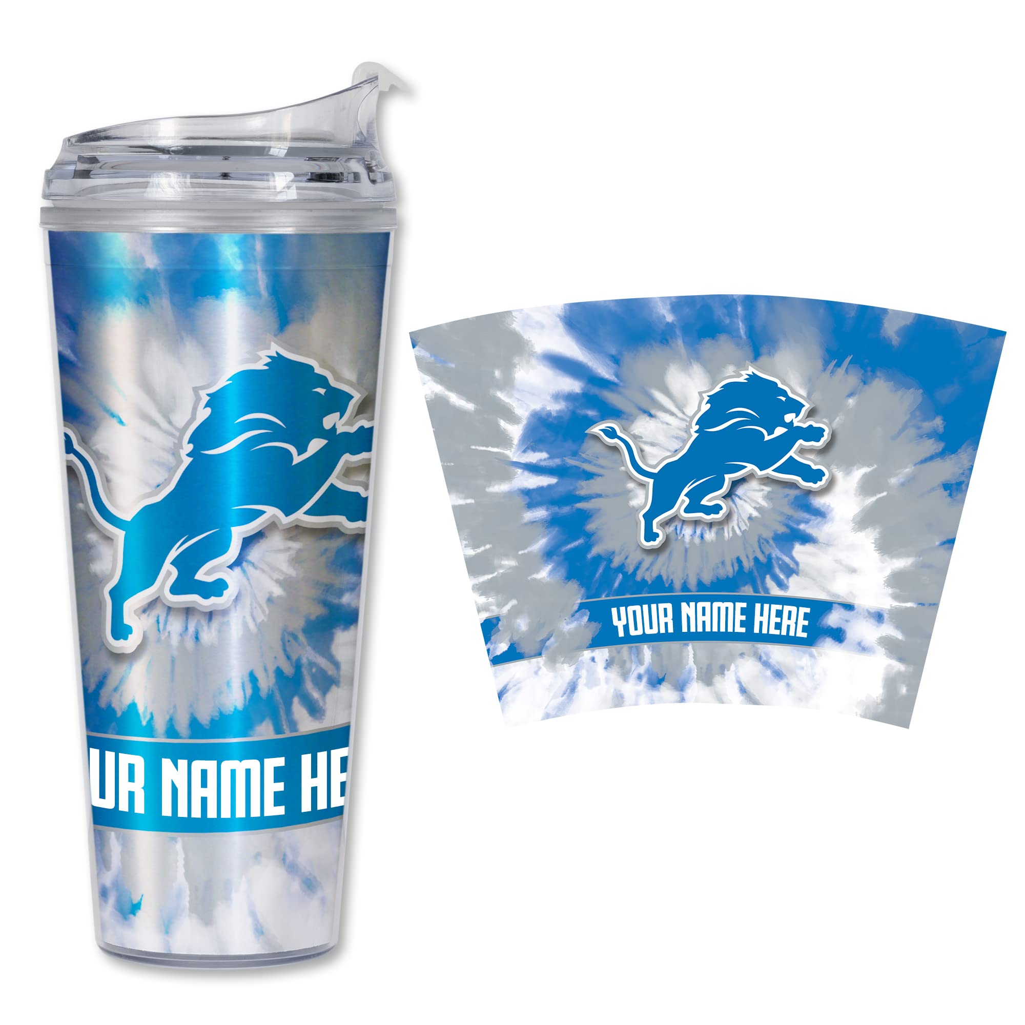Rico Industries NFL Football Detroit Lions Metallic Tie Dye Personalized 24oz Acrylic Tumbler W/Hinged Lid - Team Colored Metallic Art Plastic Travel Tumbler - Keeps Drinks Cold or Hot