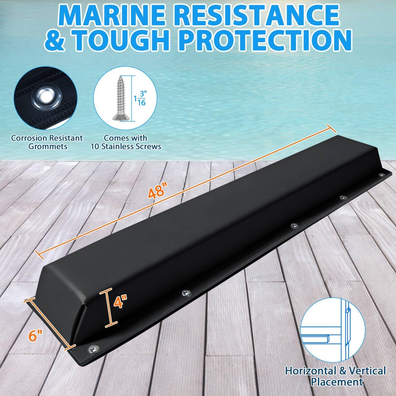 boat dock bumpers, 17"/36"/48"/58"/72" dock fenders bumpers, dock pole bumpers, piling bumpers marine for dock edging, piling, horizontal deck, vertical poles, or pier fenders 48inch-1pack black