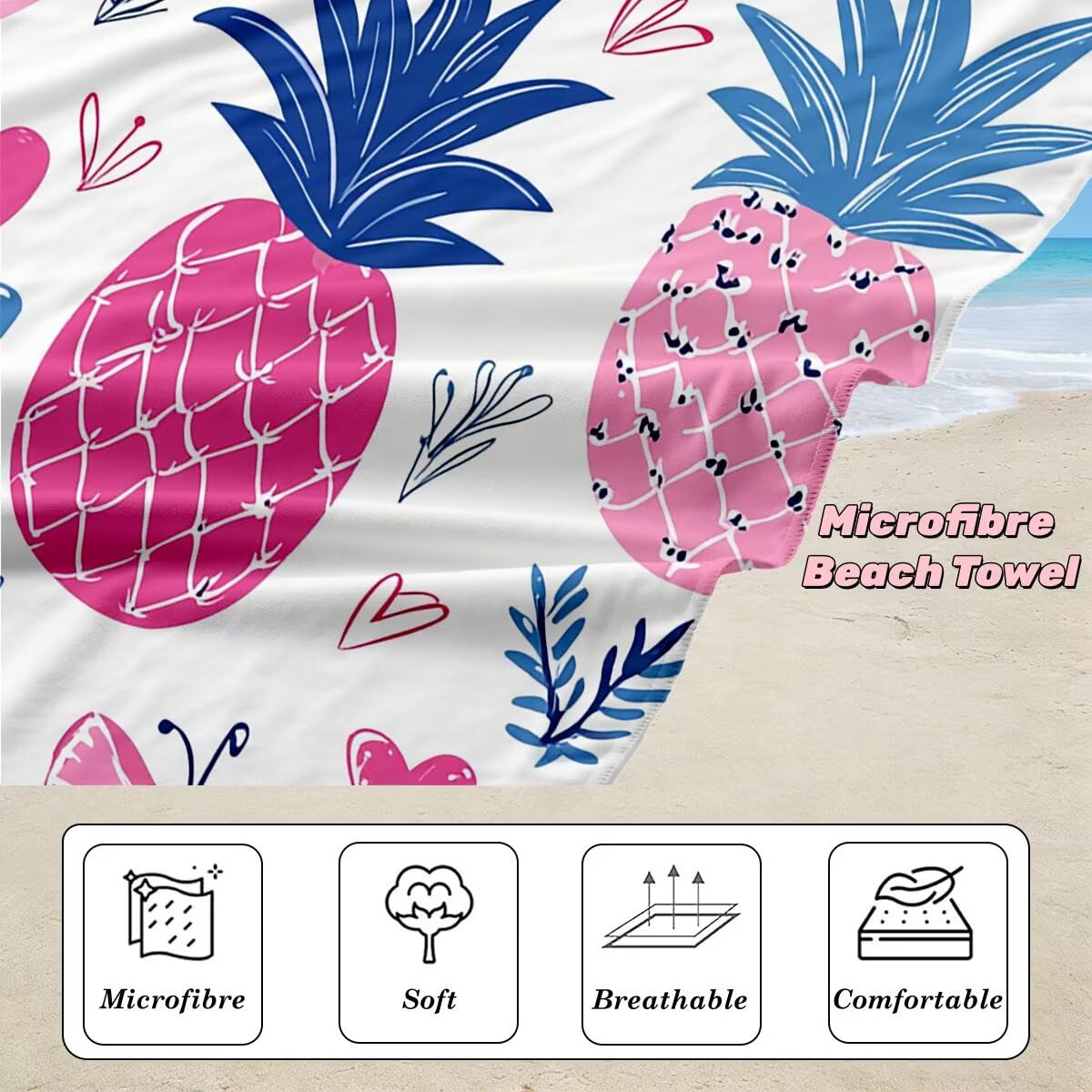 Ręcznik plażowy XXL, 90 x 180 cm, zestaw 2 sztuk, z mikrofibry, ananas, szybkoschnący, do sauny, fitness, bez piasku, ręcznik plażowy, do sauny, duży ręcznik kąpielowy, prezent dla kobiet -4681